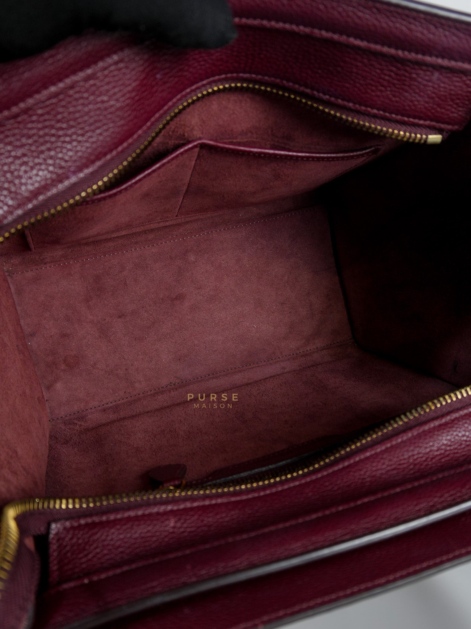 Micro Luggage Hand Bag in Maroon Drummed Calfskin Leather | Purse Maison Luxury Bags Shop