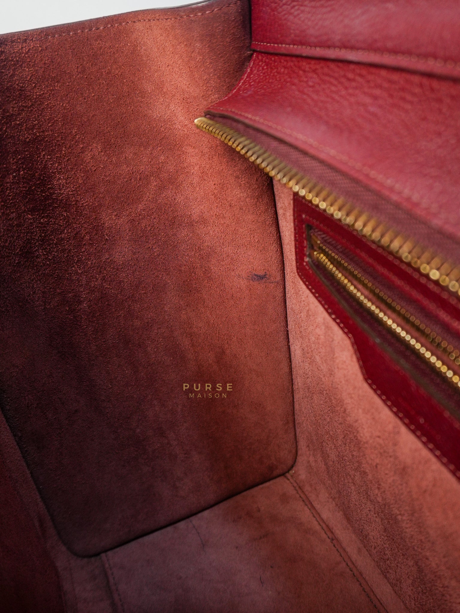 Micro Luggage Hand Bag in Maroon Drummed Calfskin Leather | Purse Maison Luxury Bags Shop