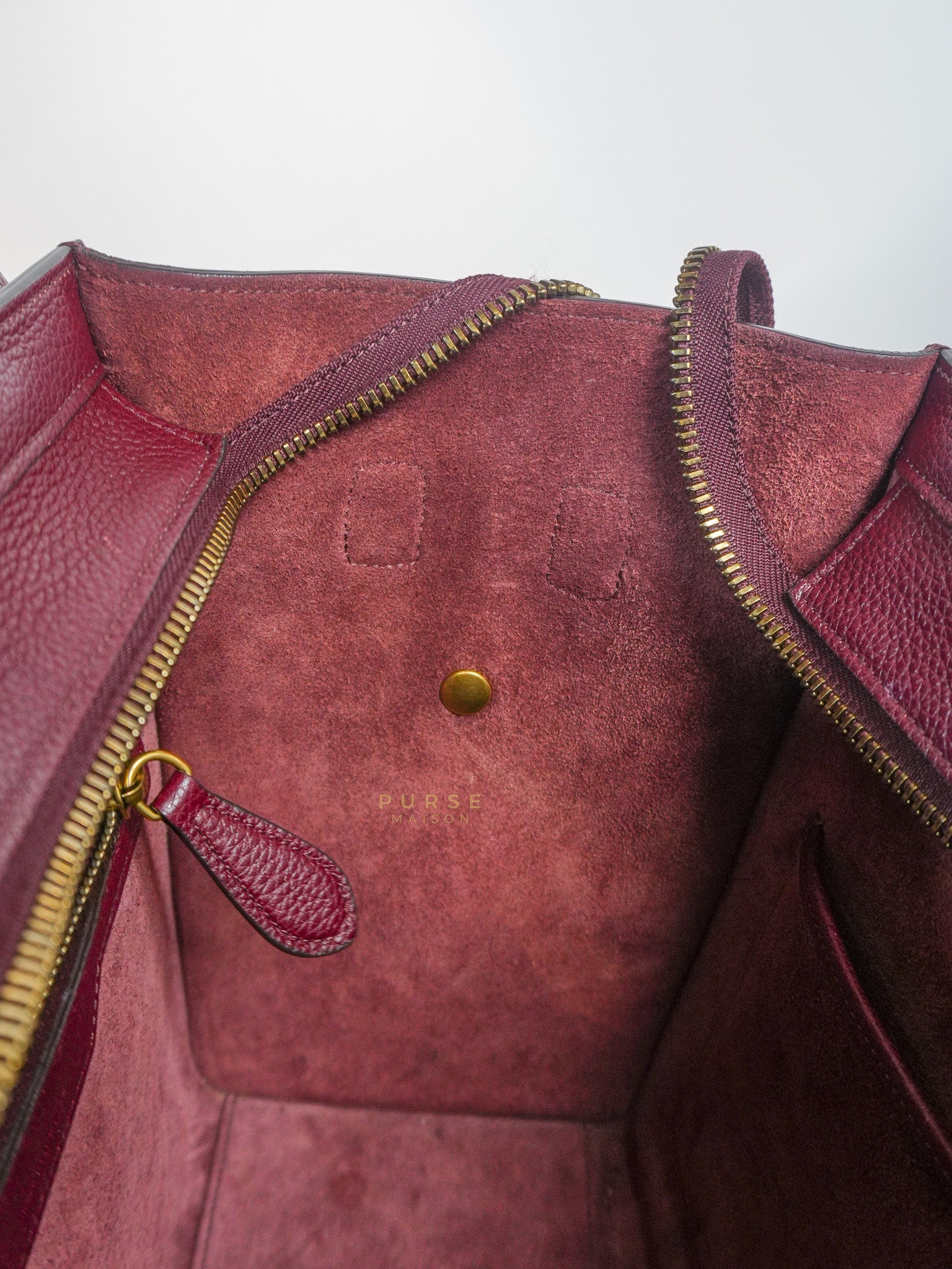 Micro Luggage Hand Bag in Maroon Drummed Calfskin Leather | Purse Maison Luxury Bags Shop