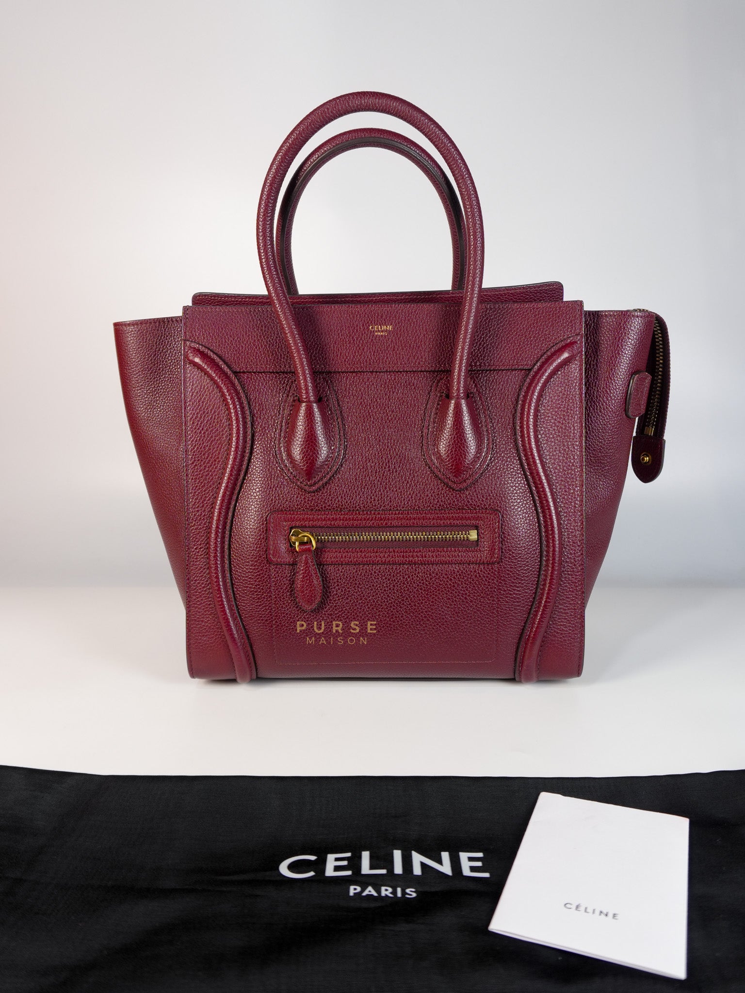 Micro Luggage Hand Bag in Maroon Drummed Calfskin Leather | Purse Maison Luxury Bags Shop