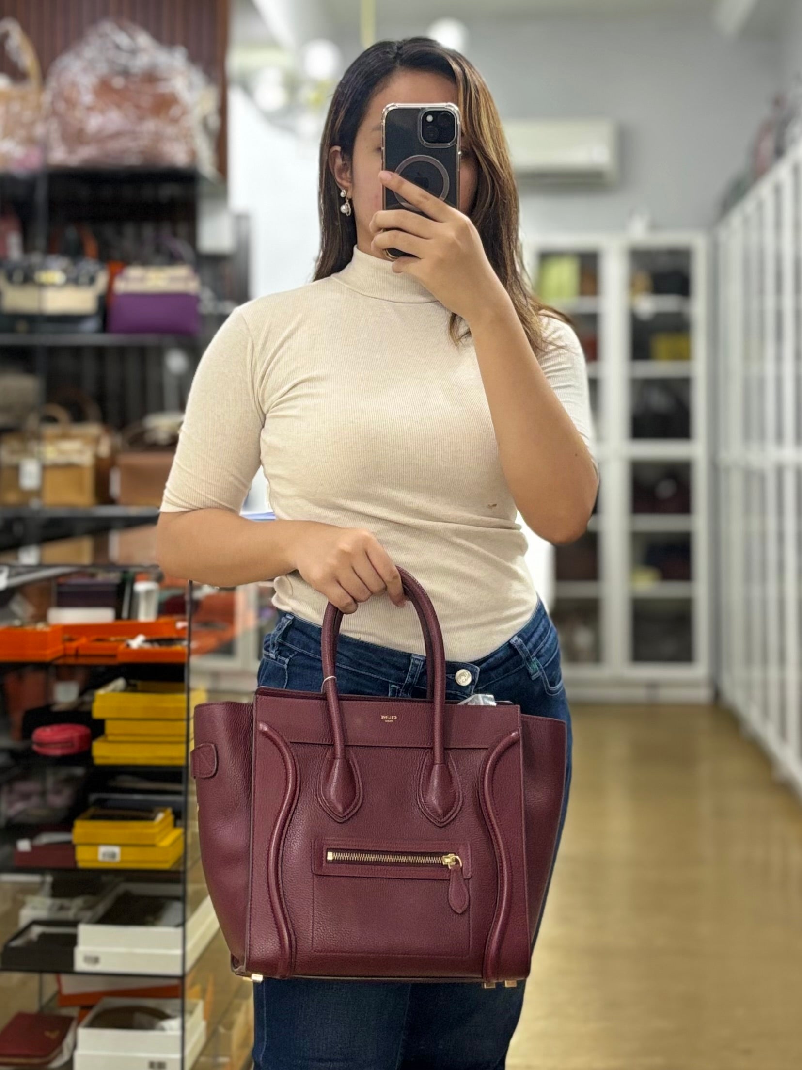 Micro Luggage Hand Bag in Maroon Drummed Calfskin Leather | Purse Maison Luxury Bags Shop