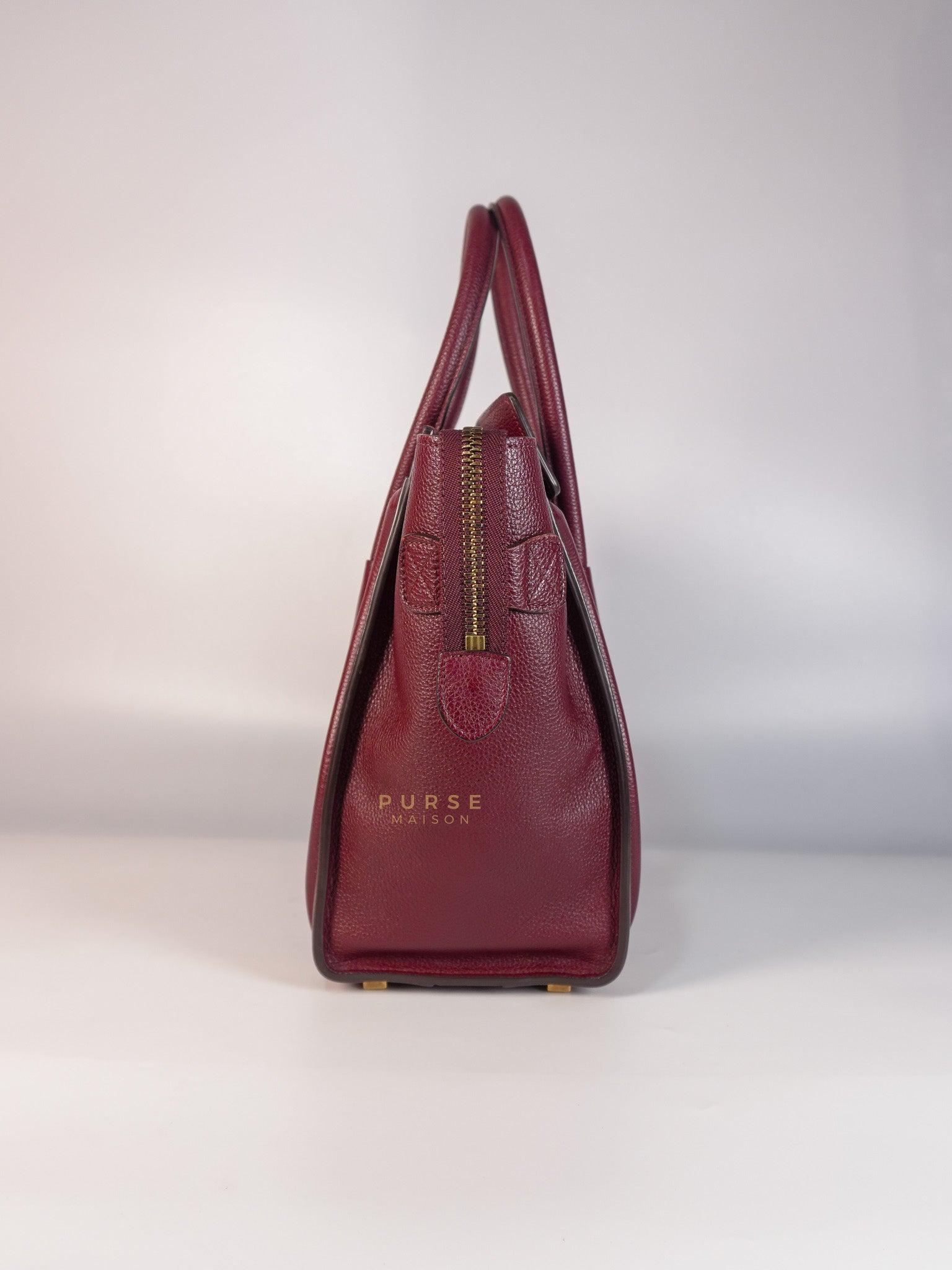 Micro Luggage Hand Bag in Maroon Drummed Calfskin Leather | Purse Maison Luxury Bags Shop
