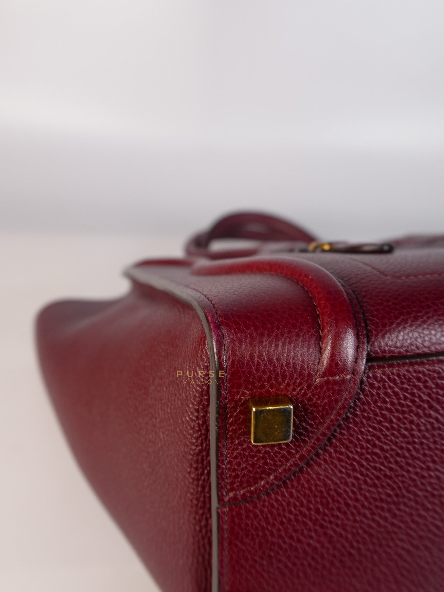 Micro Luggage Hand Bag in Maroon Drummed Calfskin Leather | Purse Maison Luxury Bags Shop