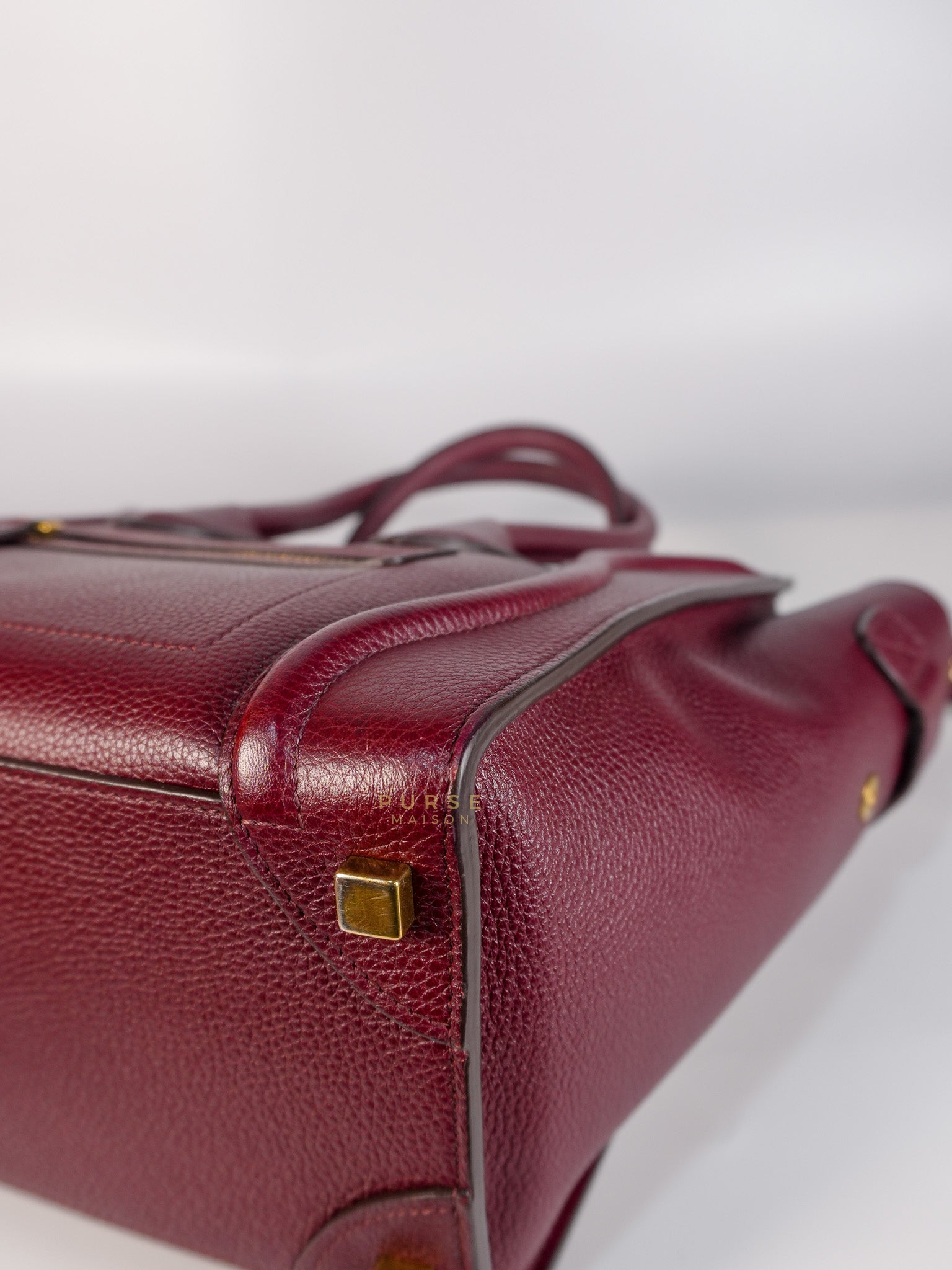 Micro Luggage Hand Bag in Maroon Drummed Calfskin Leather | Purse Maison Luxury Bags Shop