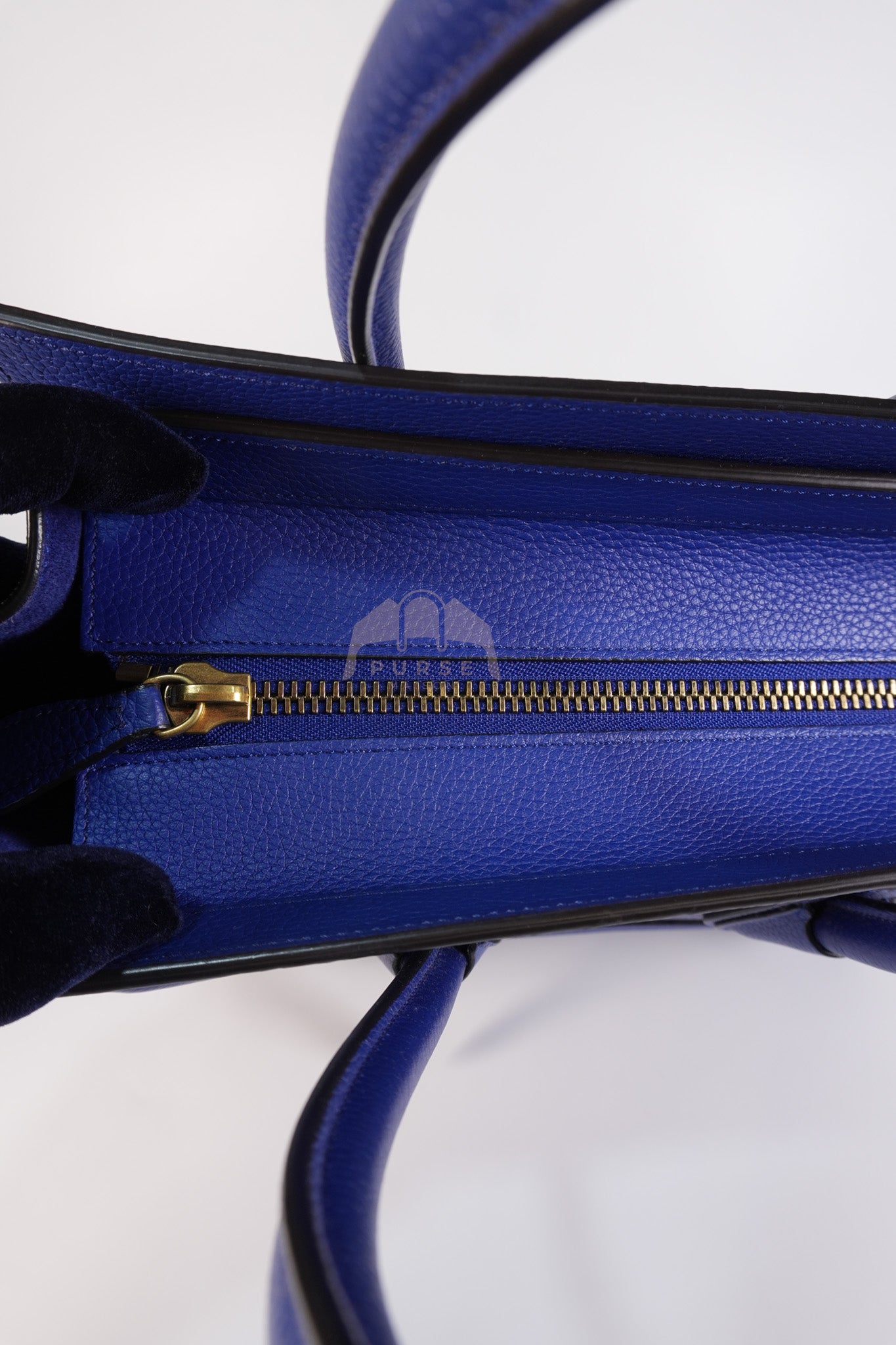 Micro Luggage in Blue Drummed Calfskin Leather | Purse Maison Luxury Bags Shop