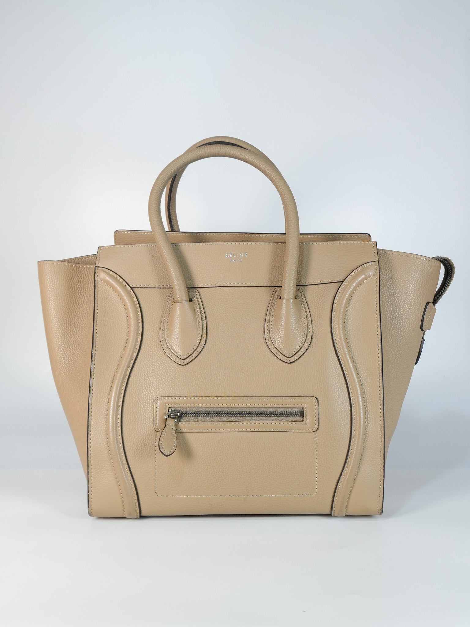 Micro Luggage Taupe in Drummed Calfskin Leather | Purse Maison Luxury Bags Shop