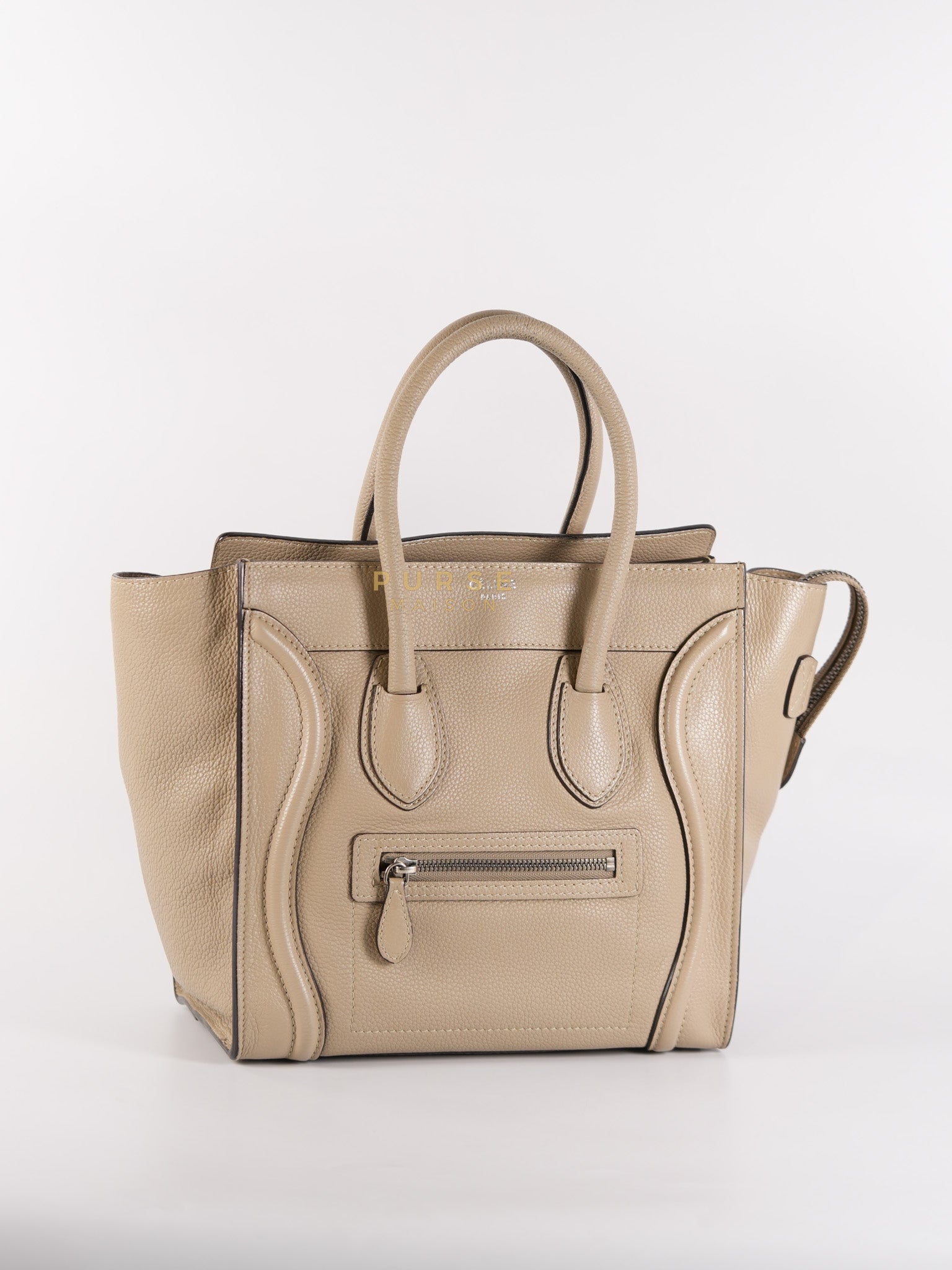 Micro Luggage Tote Bag in Dark Beige Grained Calfskin Leather | Purse Maison Luxury Bags Shop