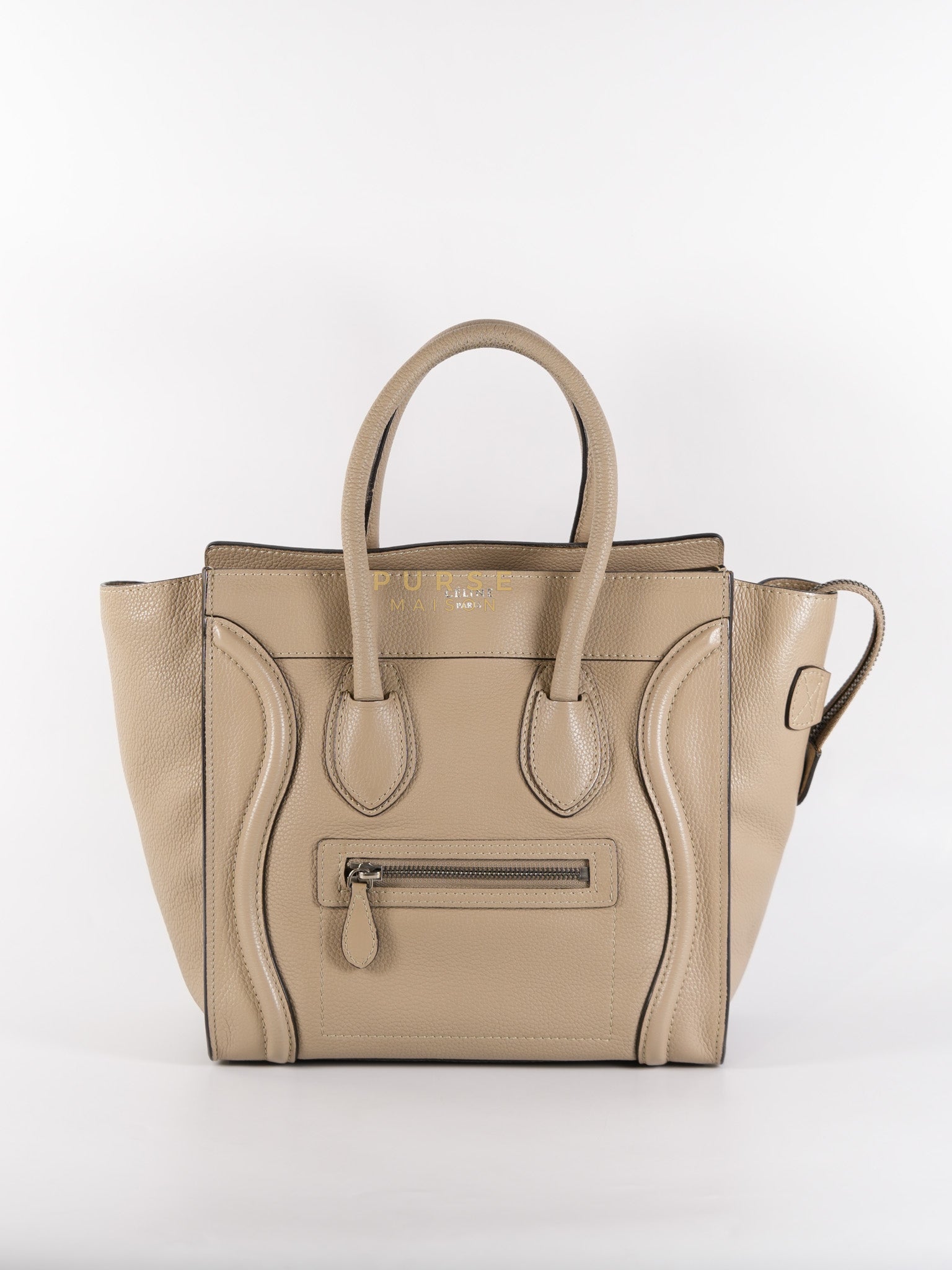 Micro Luggage Tote Bag in Dark Beige Grained Calfskin Leather | Purse Maison Luxury Bags Shop