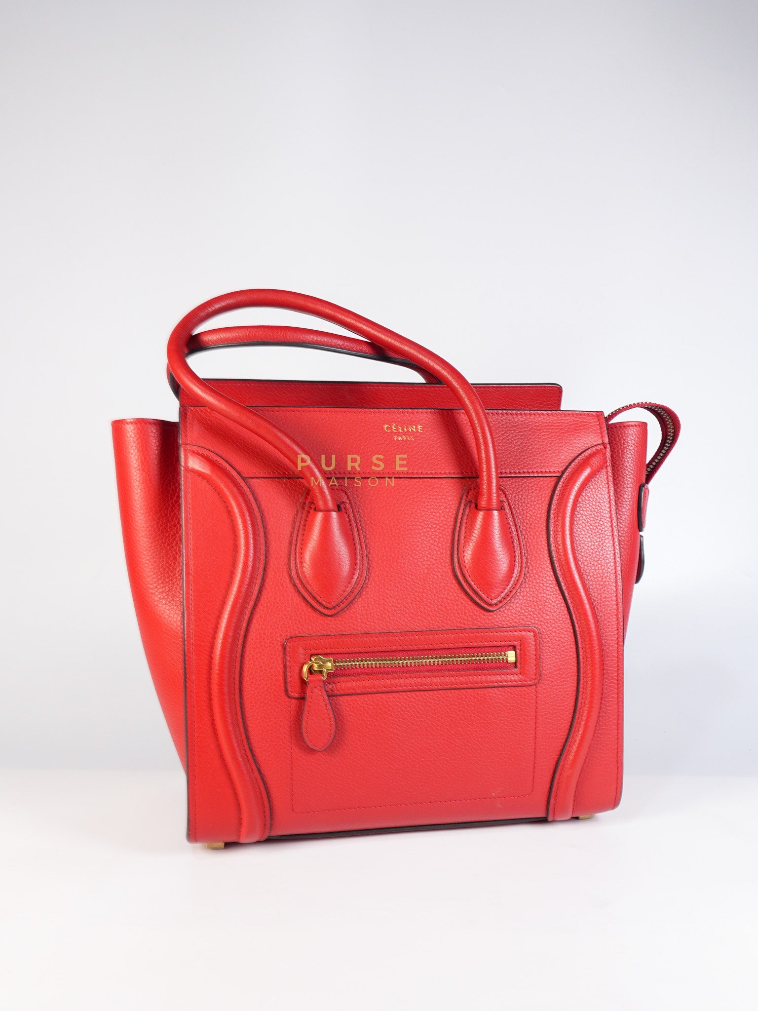 Micro Luggage Tote Bag in Red Calfskin Leather & Aged Gold Hardware | Purse Maison Luxury Bags Shop