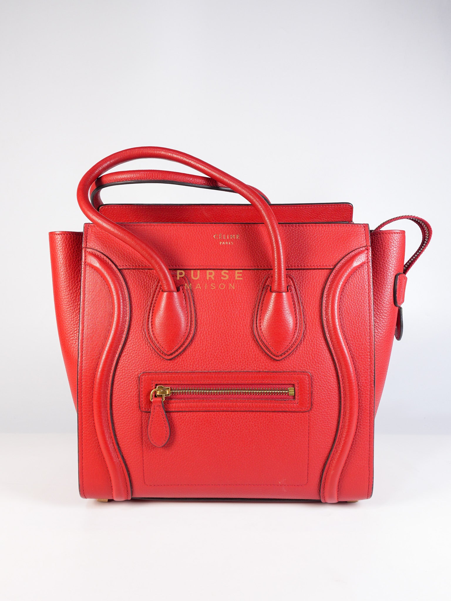 Micro Luggage Tote Bag in Red Calfskin Leather & Aged Gold Hardware | Purse Maison Luxury Bags Shop