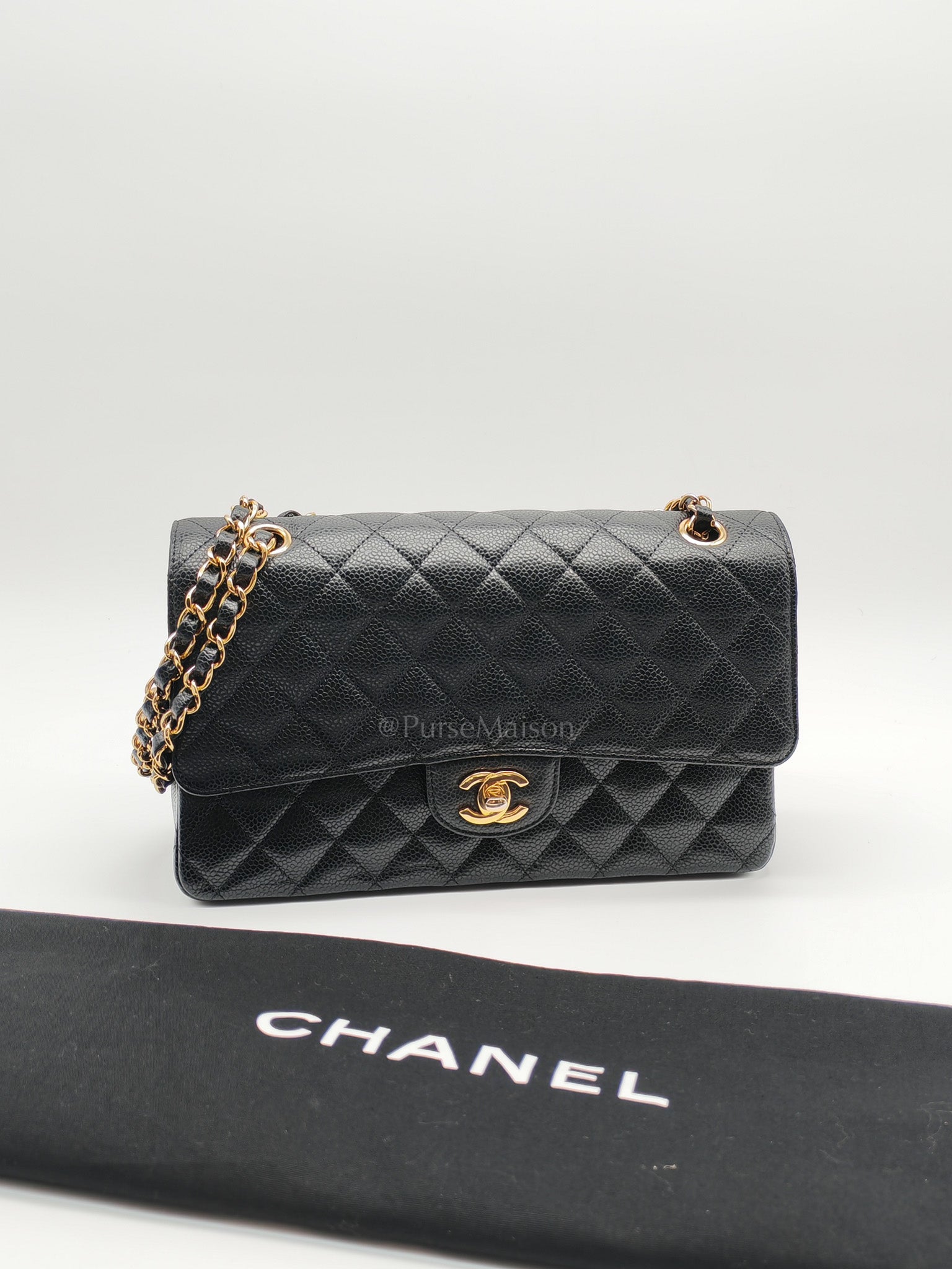 Classic Double Flap Medium in Black Quilted Caviar Leather and Gold Hardware Microchip