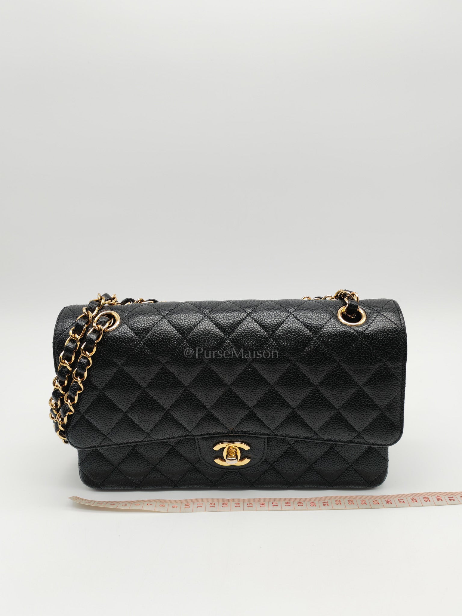 Classic Double Flap Medium in Black Quilted Caviar Leather and Gold Hardware Microchip