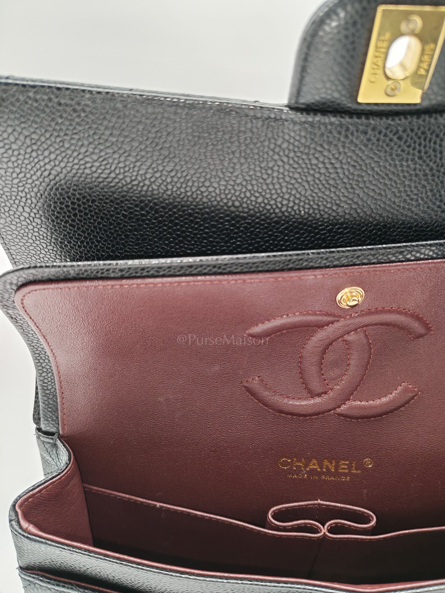 Classic Double Flap Medium in Black Quilted Caviar Leather and Gold Hardware Microchip