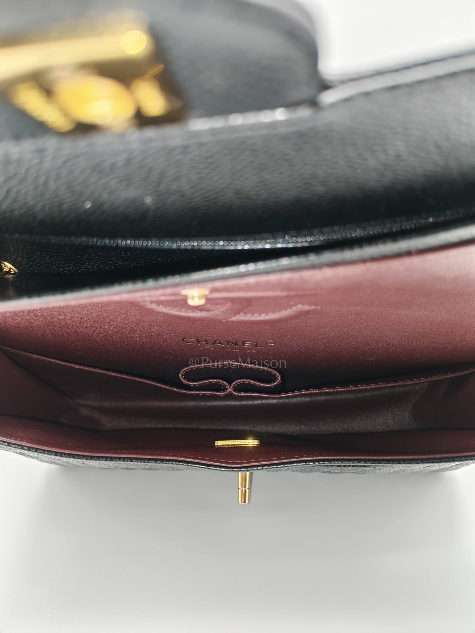 Classic Double Flap Medium in Black Quilted Caviar Leather and Gold Hardware Microchip
