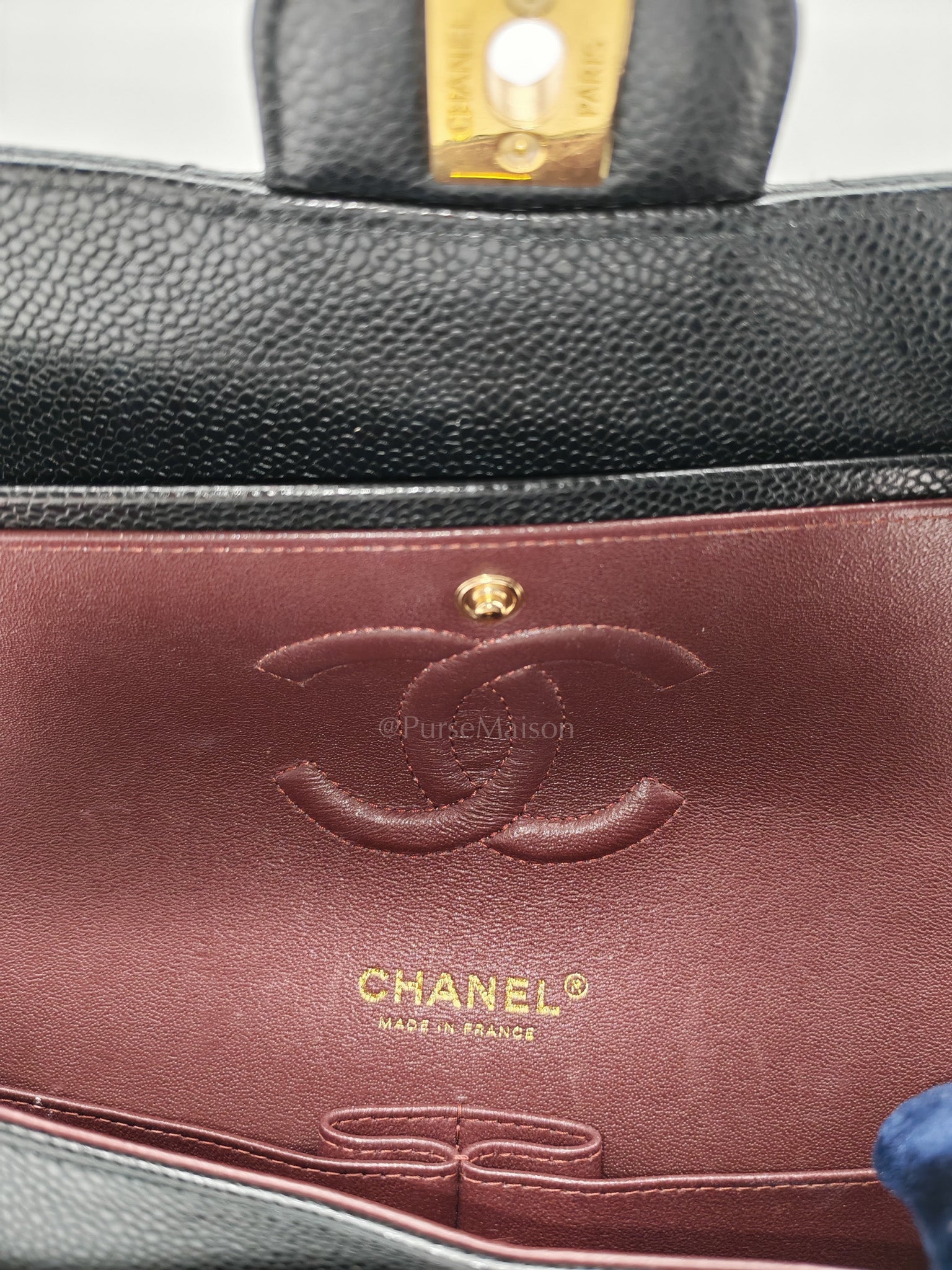 Classic Double Flap Medium in Black Quilted Caviar Leather and Gold Hardware Microchip
