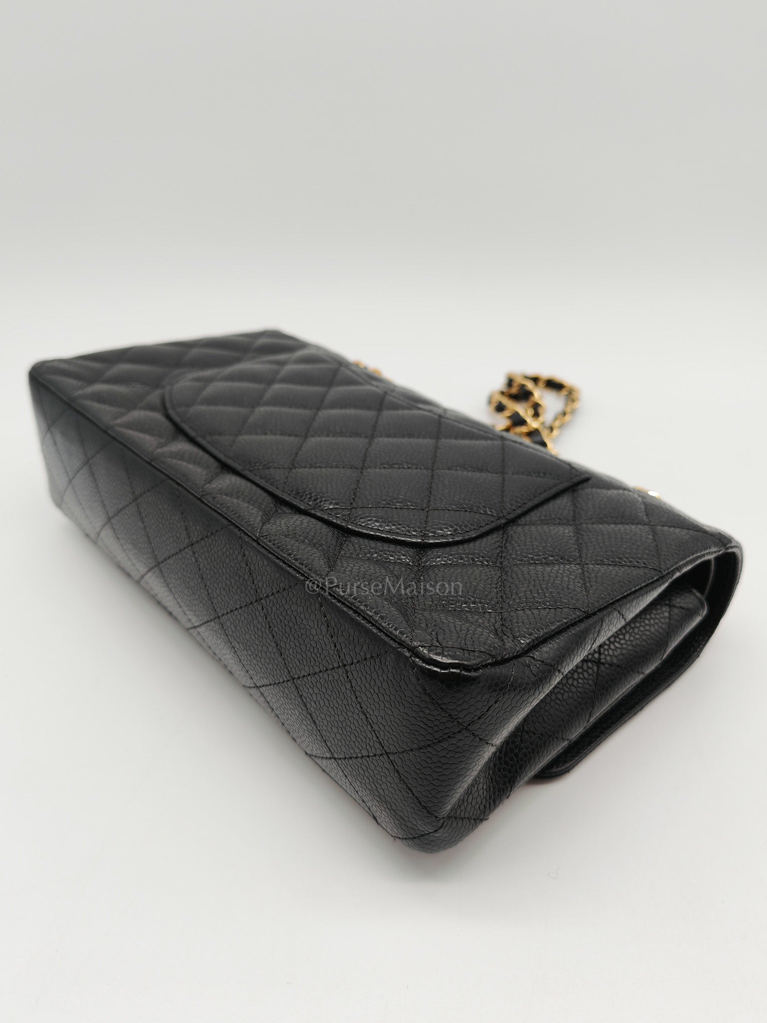 Classic Double Flap Medium in Black Quilted Caviar Leather and Gold Hardware Microchip