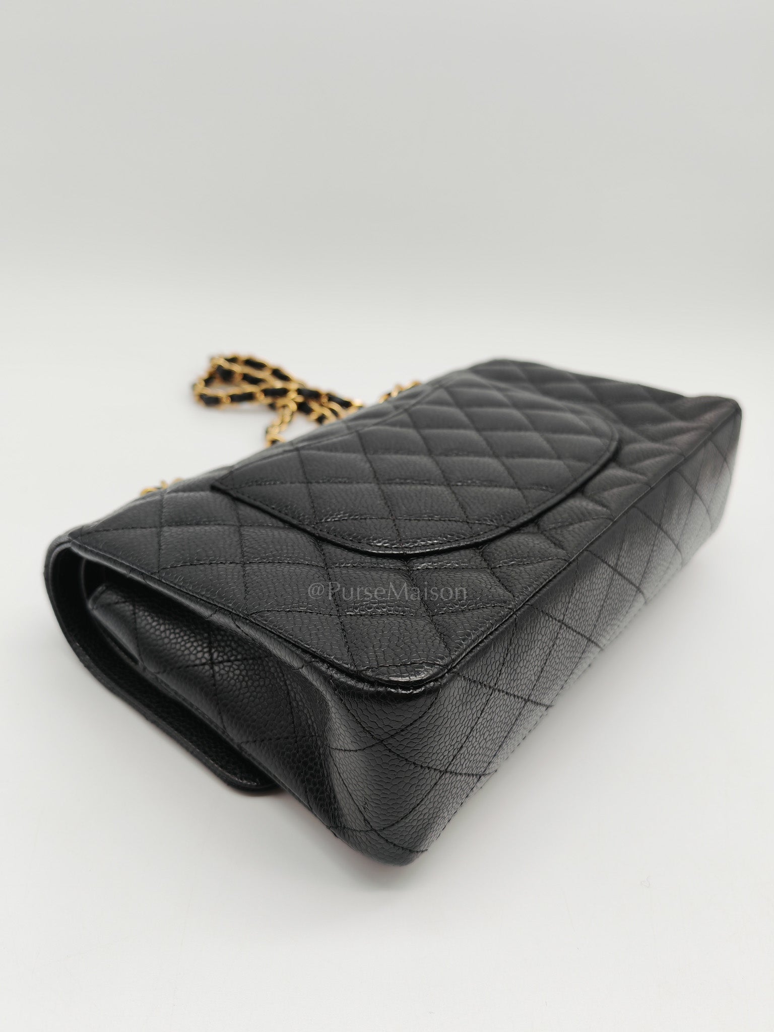 Classic Double Flap Medium in Black Quilted Caviar Leather and Gold Hardware Microchip