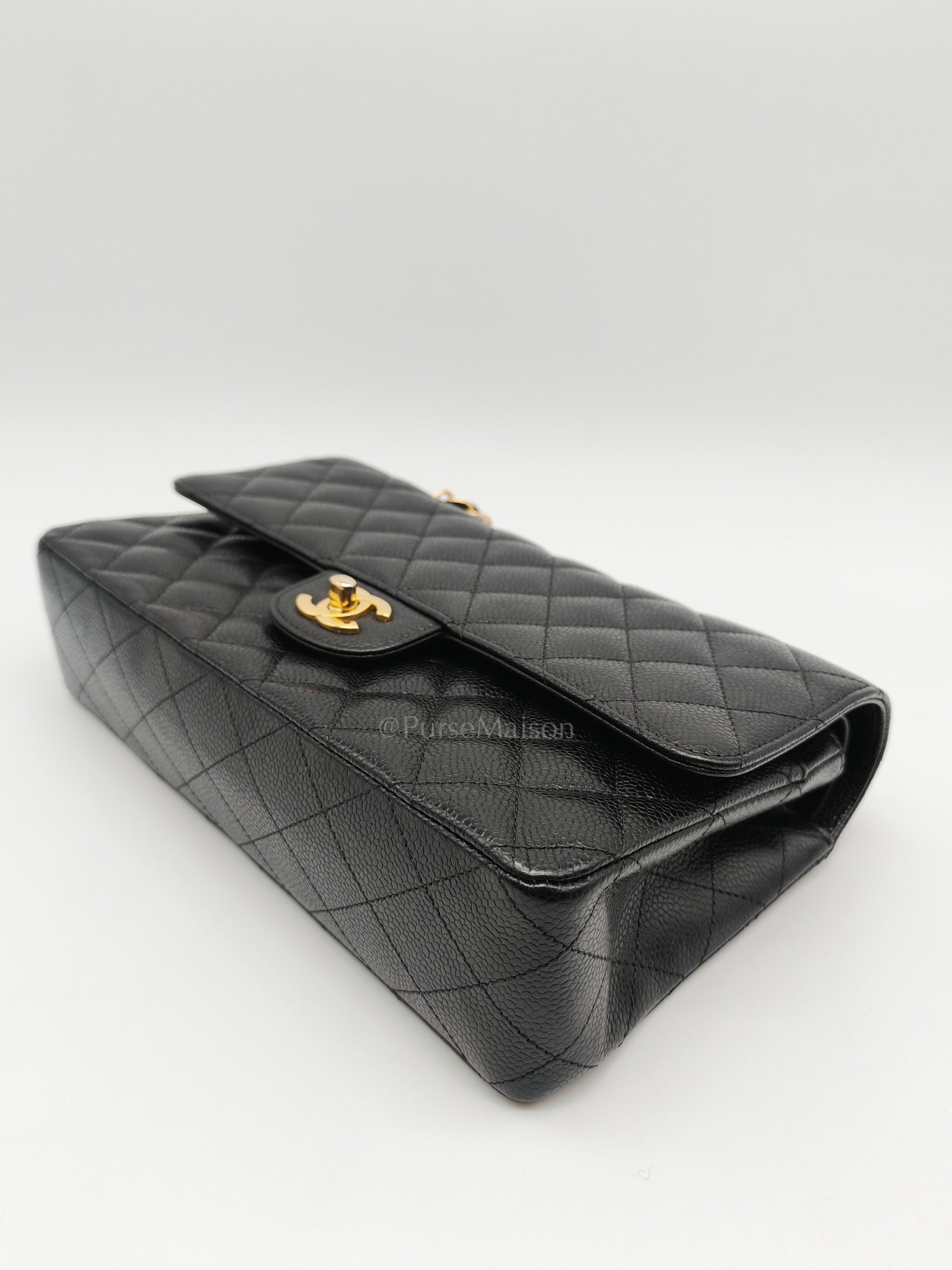 Classic Double Flap Medium in Black Quilted Caviar Leather and Gold Hardware Microchip