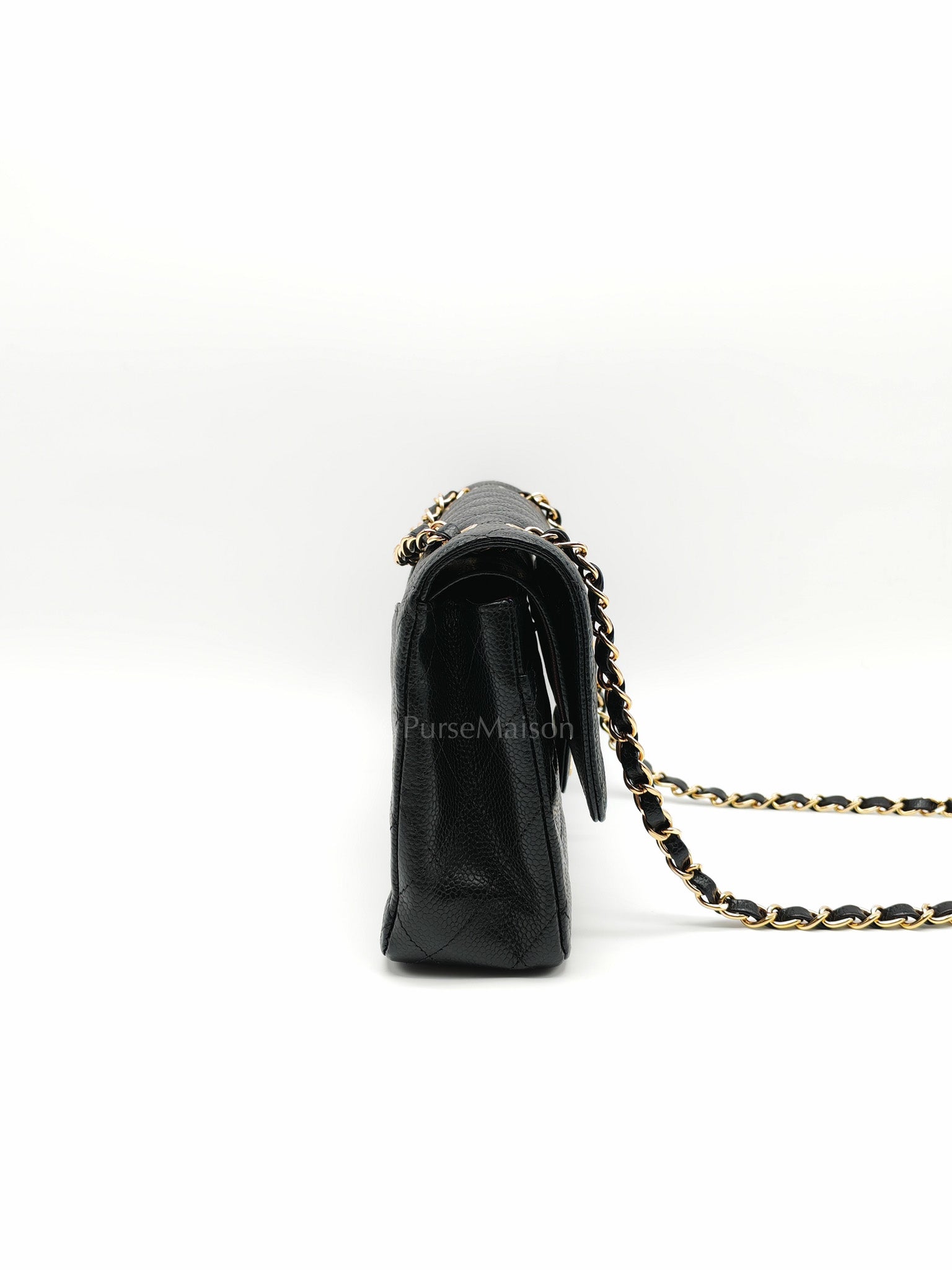 Classic Double Flap Medium in Black Quilted Caviar Leather and Gold Hardware Microchip