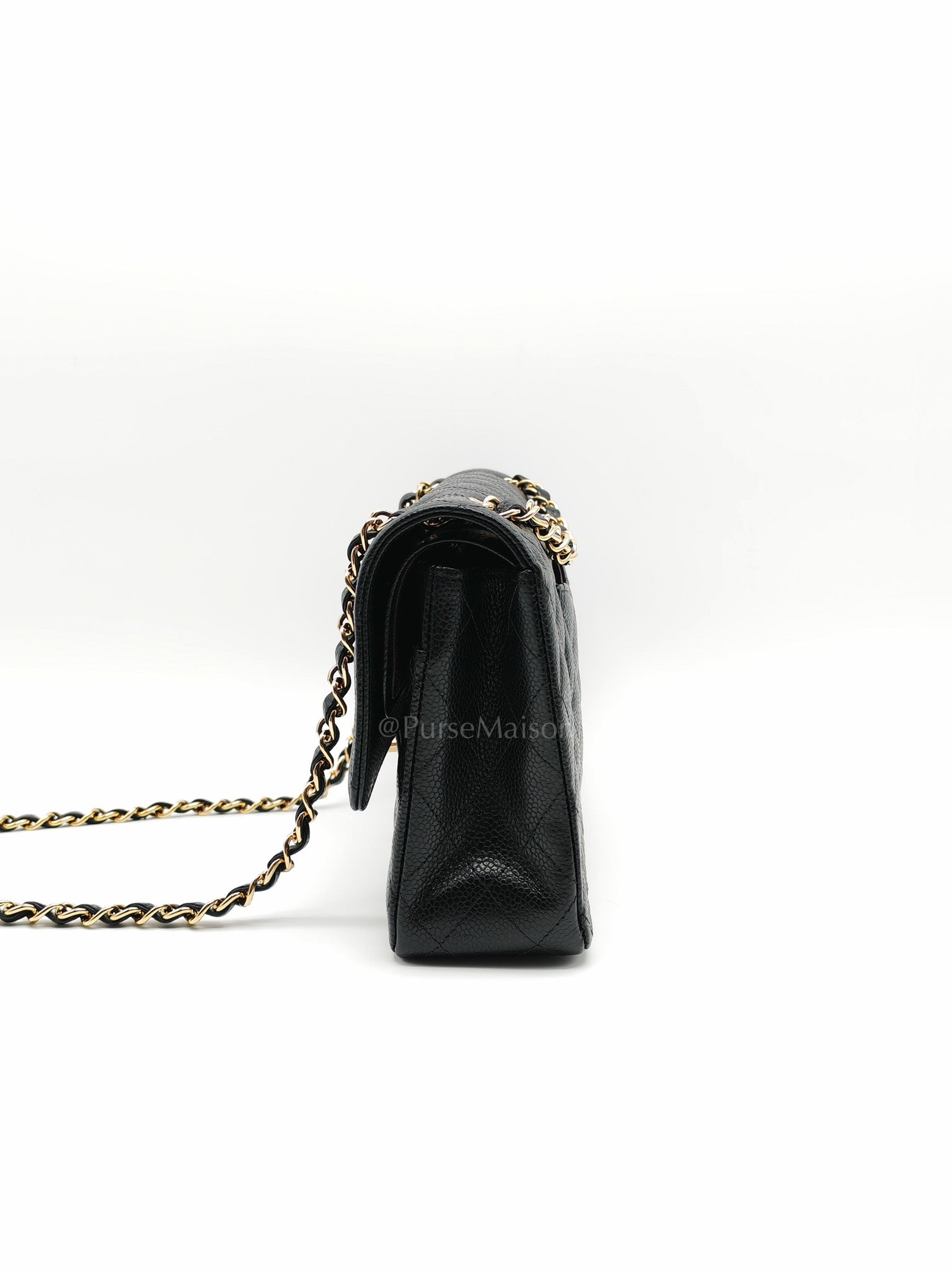 Classic Double Flap Medium in Black Quilted Caviar Leather and Gold Hardware Microchip