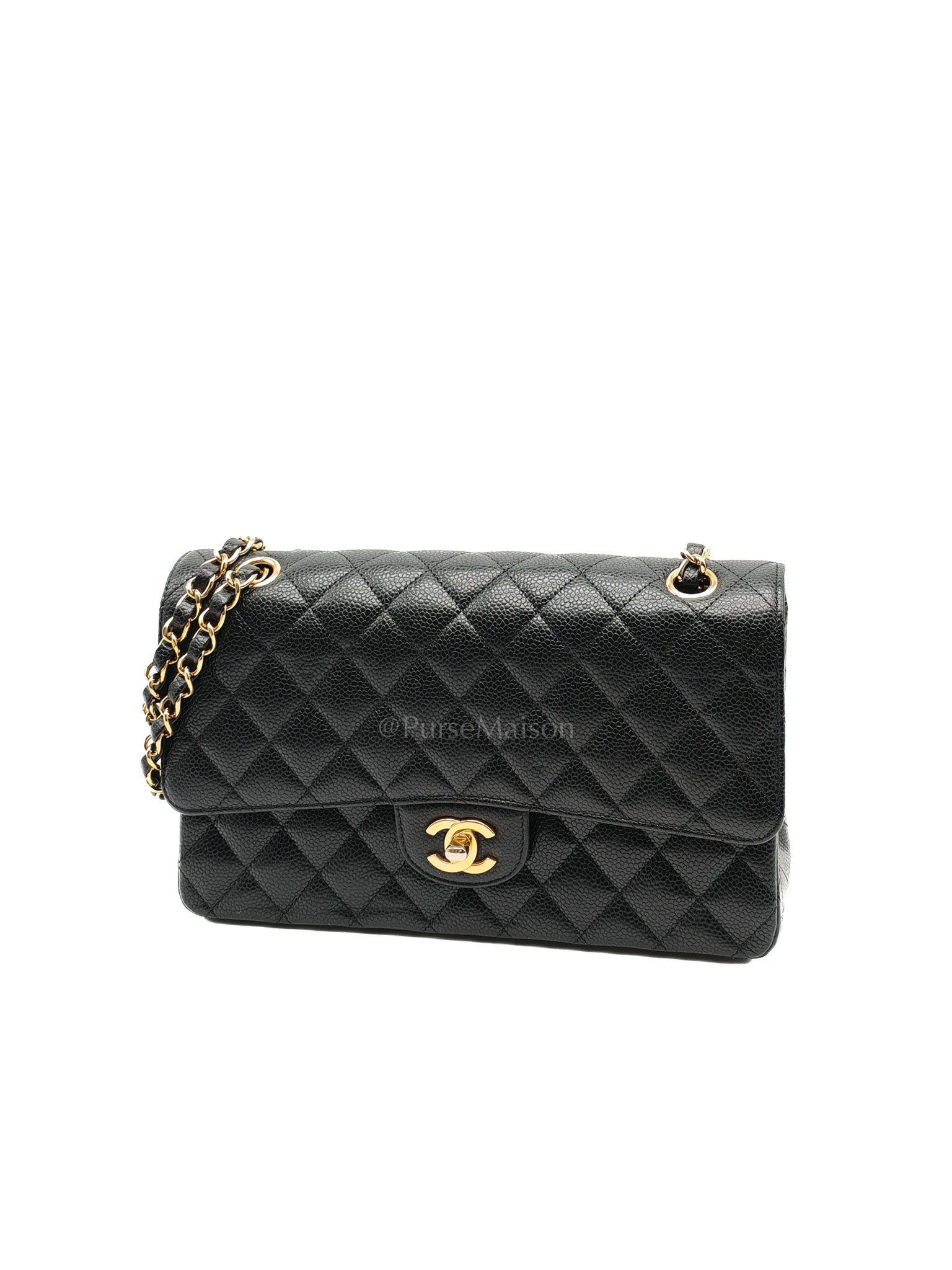Classic Double Flap Medium in Black Quilted Caviar Leather and Gold Hardware Microchip