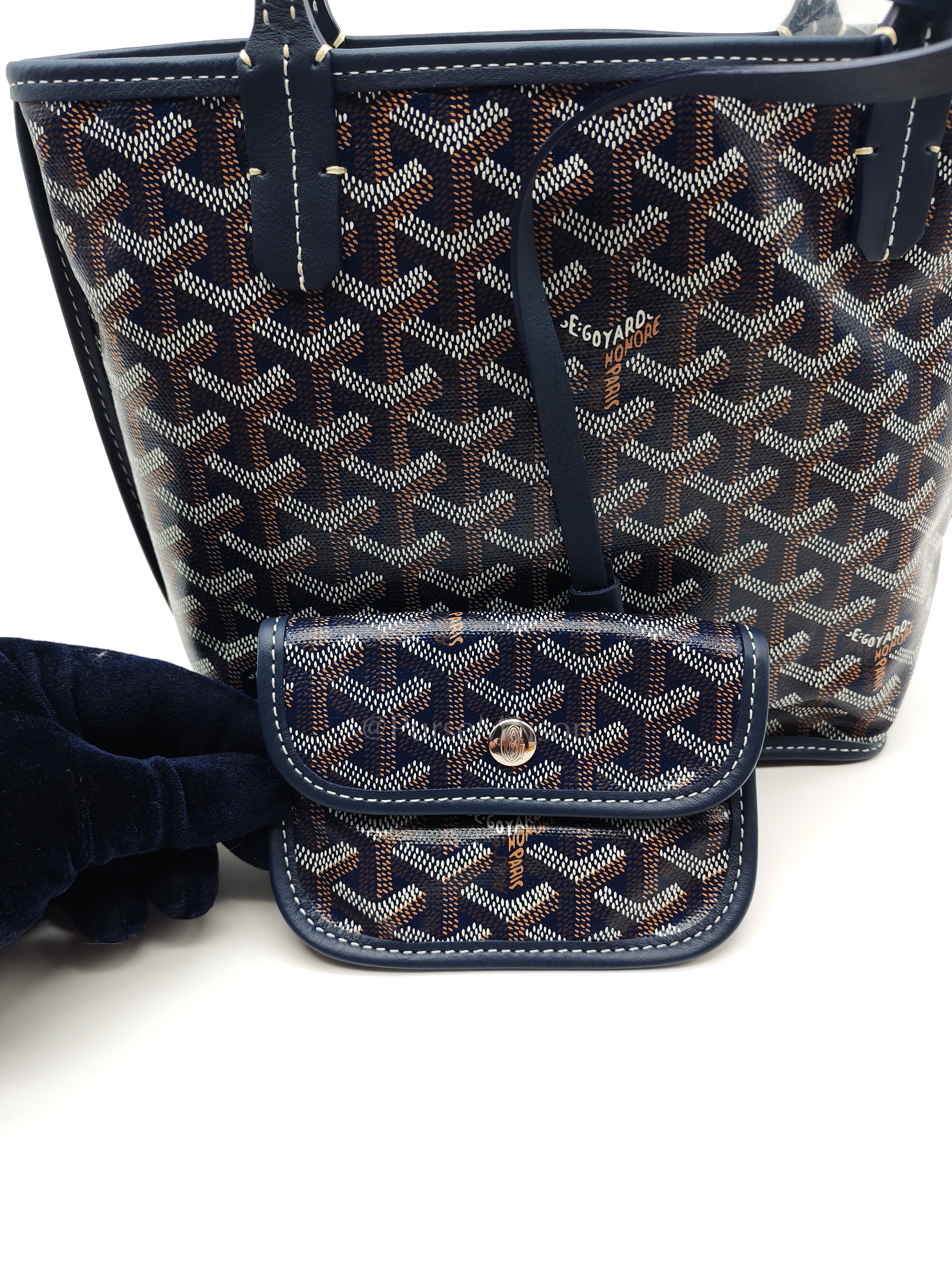 Mini Anjou Tote Bag in Navy Blue Goyardine Canvas with Croc Universal Clip Charm | Purse Maison Luxury Bags Shop