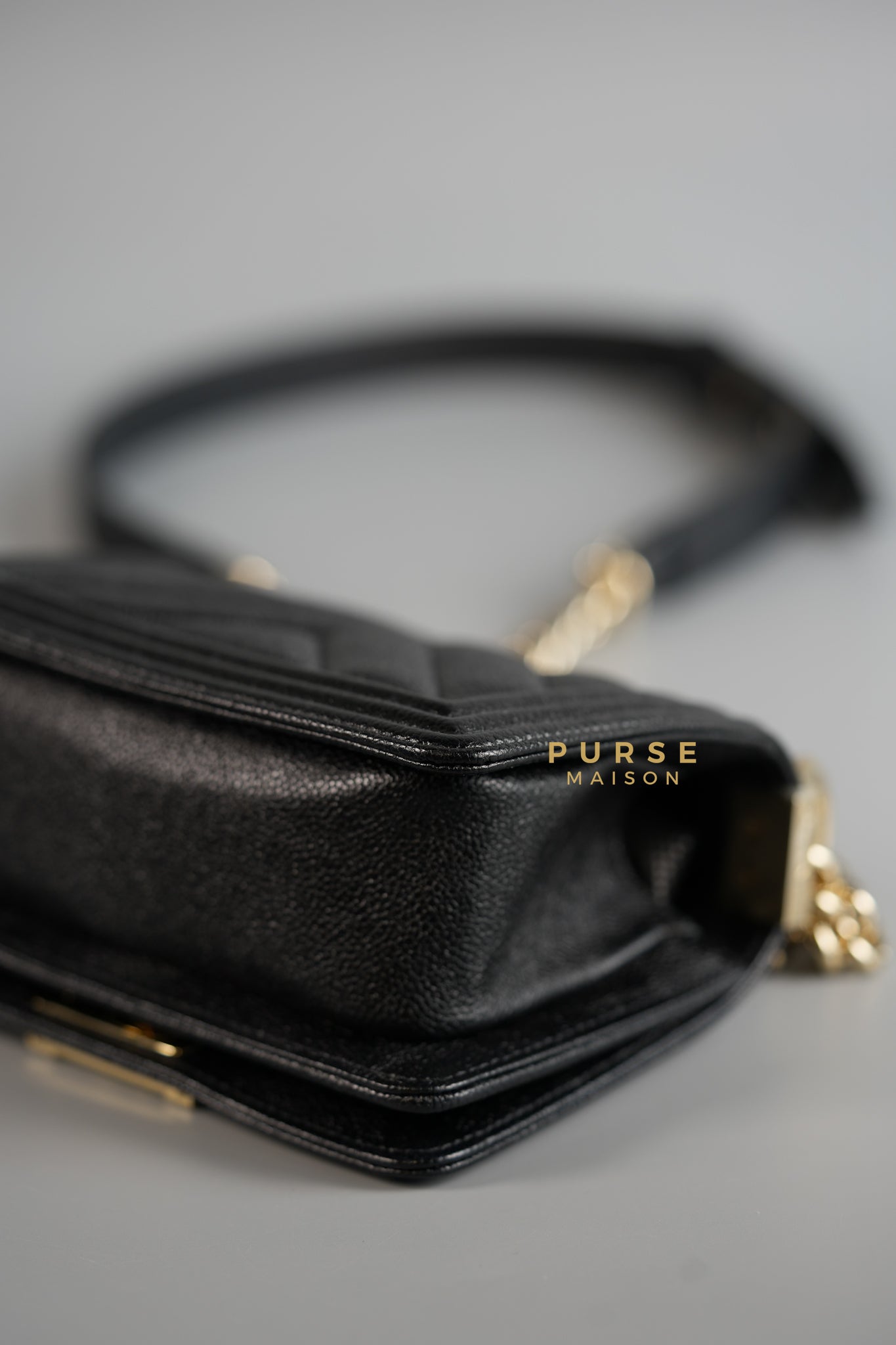 Mini Boy Black Chevron Leather and Champagne Gold Hardware (Microchip) | Purse Maison Luxury Bags Shop