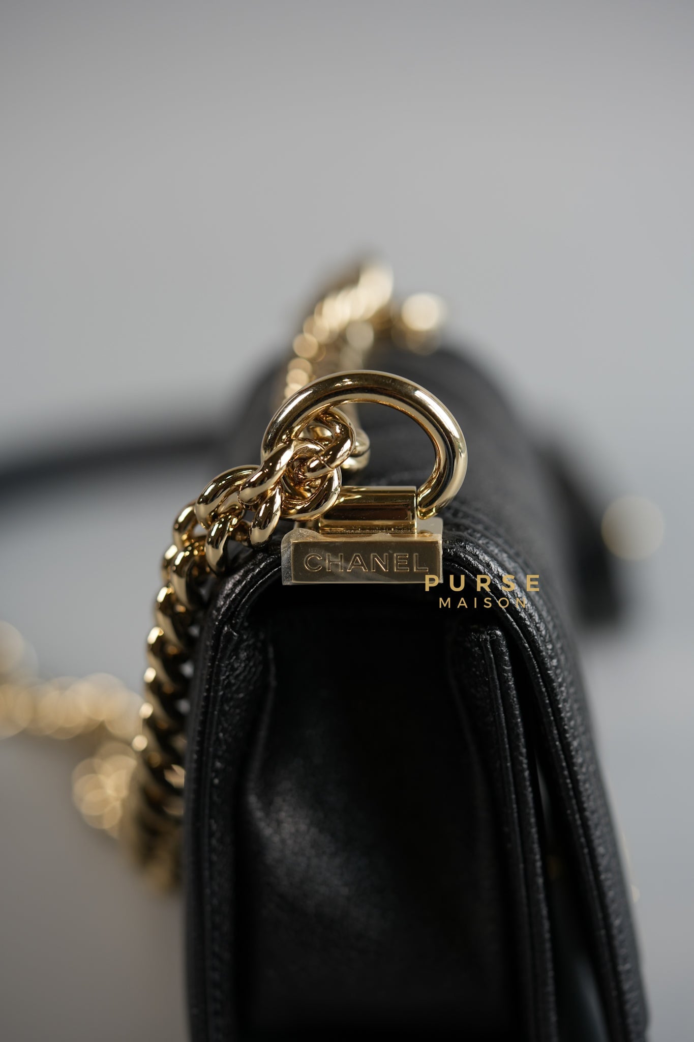 Mini Boy Black Chevron Leather and Champagne Gold Hardware (Microchip) | Purse Maison Luxury Bags Shop