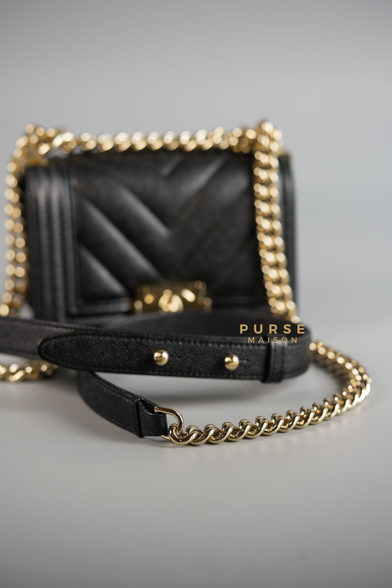 Mini Boy Black Chevron Leather and Champagne Gold Hardware (Microchip) | Purse Maison Luxury Bags Shop