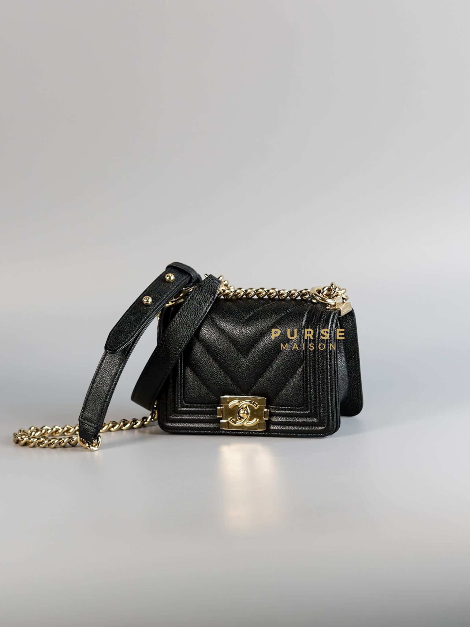 Mini Boy Black Chevron Leather and Champagne Gold Hardware (Microchip) | Purse Maison Luxury Bags Shop