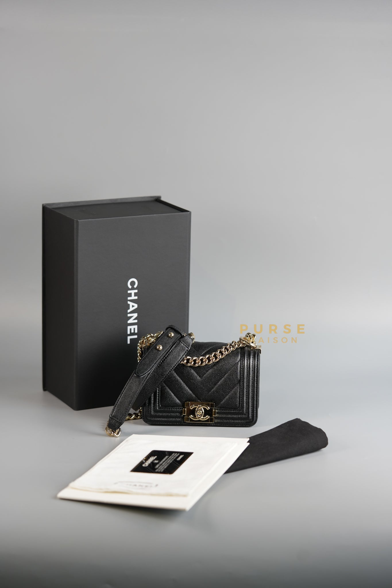 Mini Boy Black Chevron Leather and Champagne Gold Hardware (Microchip) | Purse Maison Luxury Bags Shop