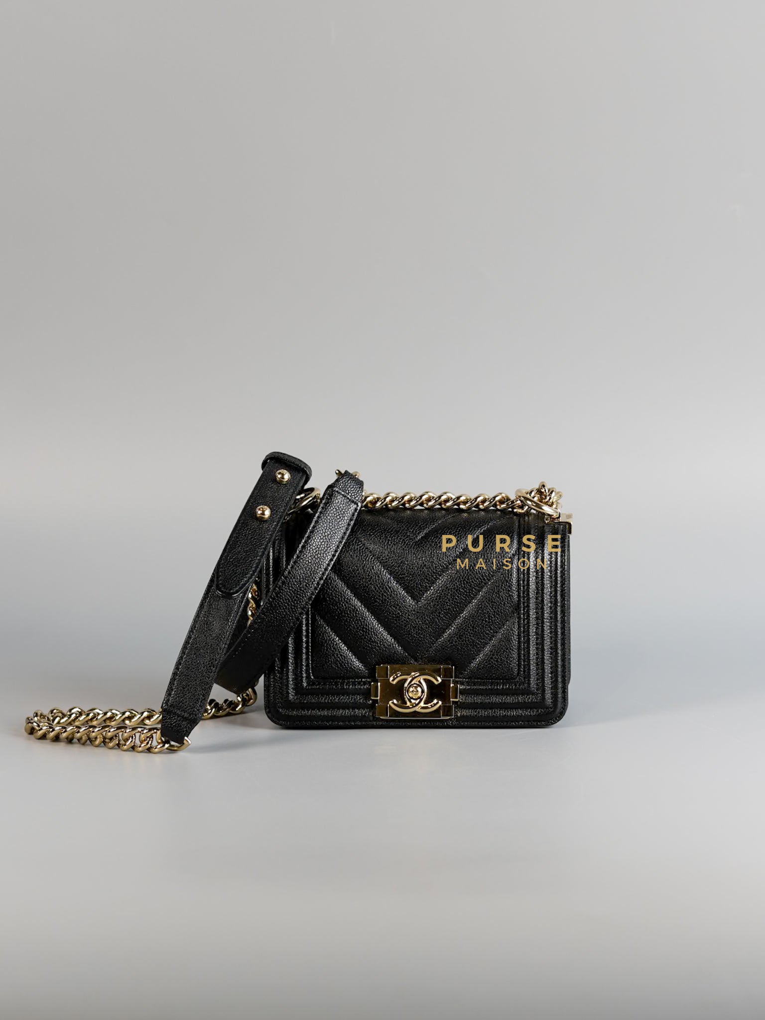 Mini Boy Black Chevron Leather and Champagne Gold Hardware (Microchip) | Purse Maison Luxury Bags Shop