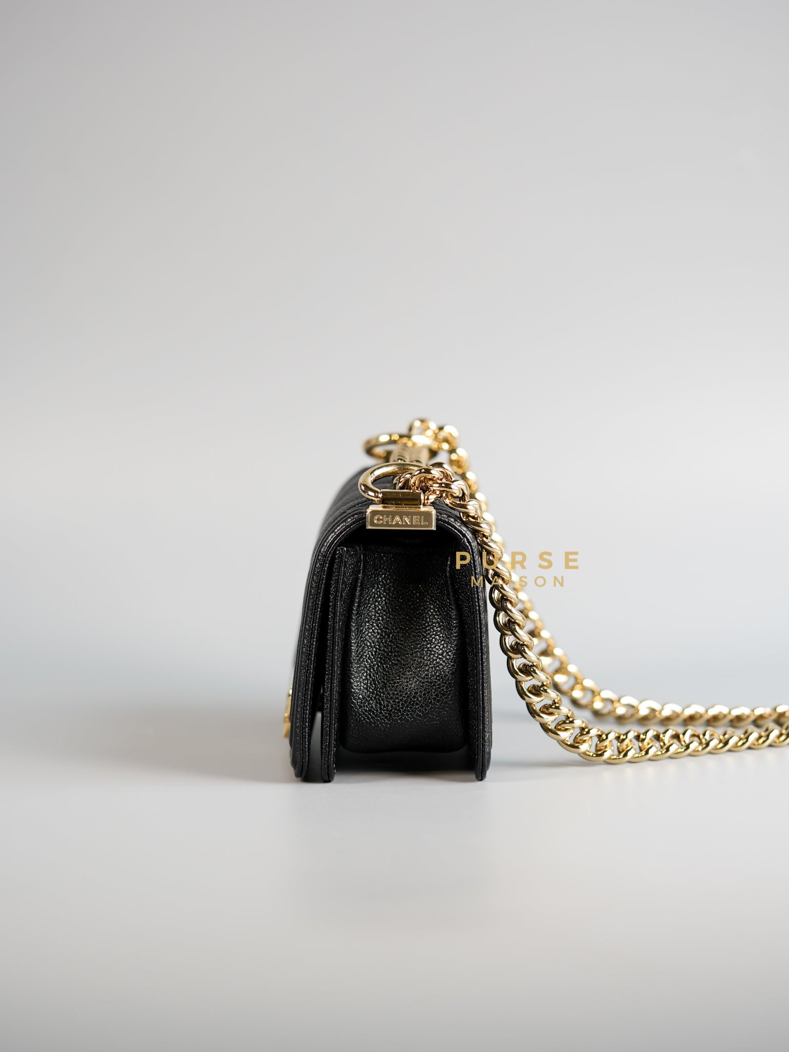 Mini Boy Black Chevron Leather and Champagne Gold Hardware (Microchip) | Purse Maison Luxury Bags Shop