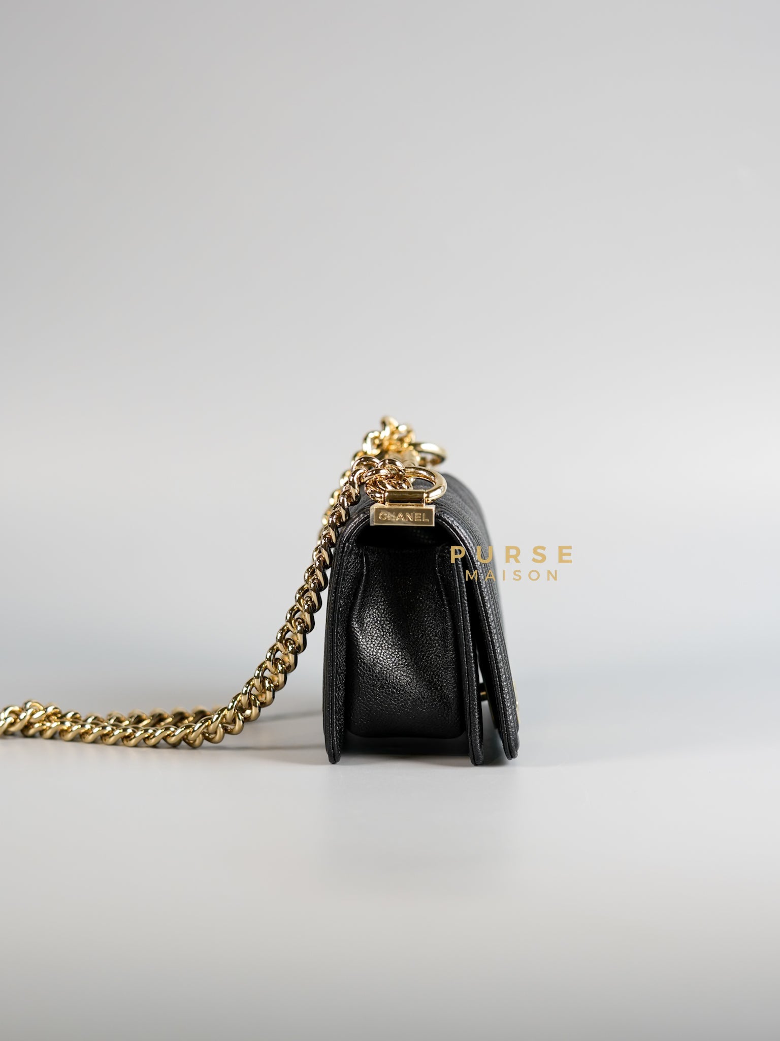 Mini Boy Black Chevron Leather and Champagne Gold Hardware (Microchip) | Purse Maison Luxury Bags Shop