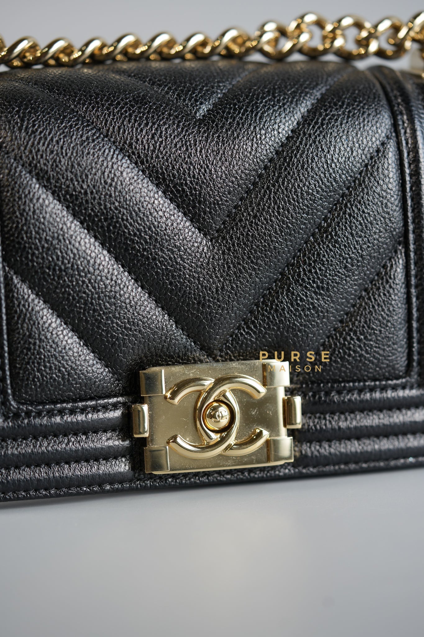 Mini Boy Black Chevron Leather and Champagne Gold Hardware (Microchip) | Purse Maison Luxury Bags Shop