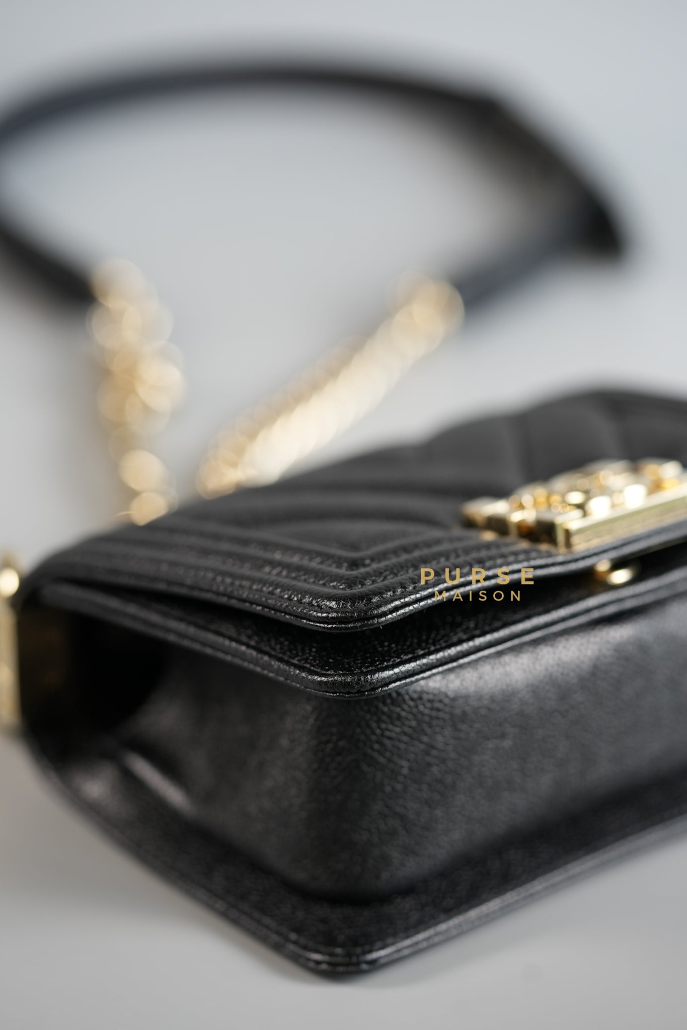 Mini Boy Black Chevron Leather and Champagne Gold Hardware (Microchip) | Purse Maison Luxury Bags Shop