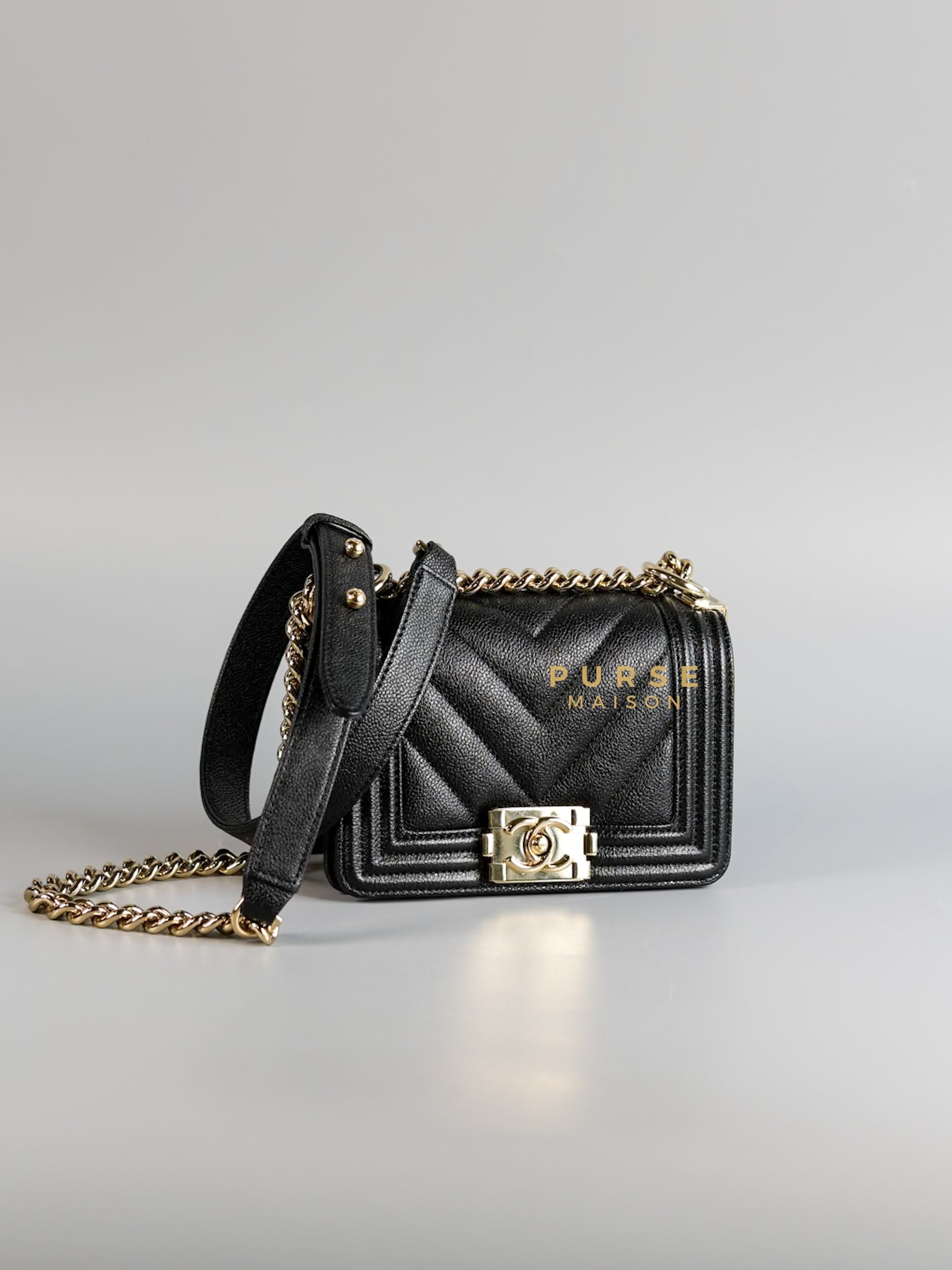 Mini Boy Black Chevron Leather and Champagne Gold Hardware (Microchip) | Purse Maison Luxury Bags Shop