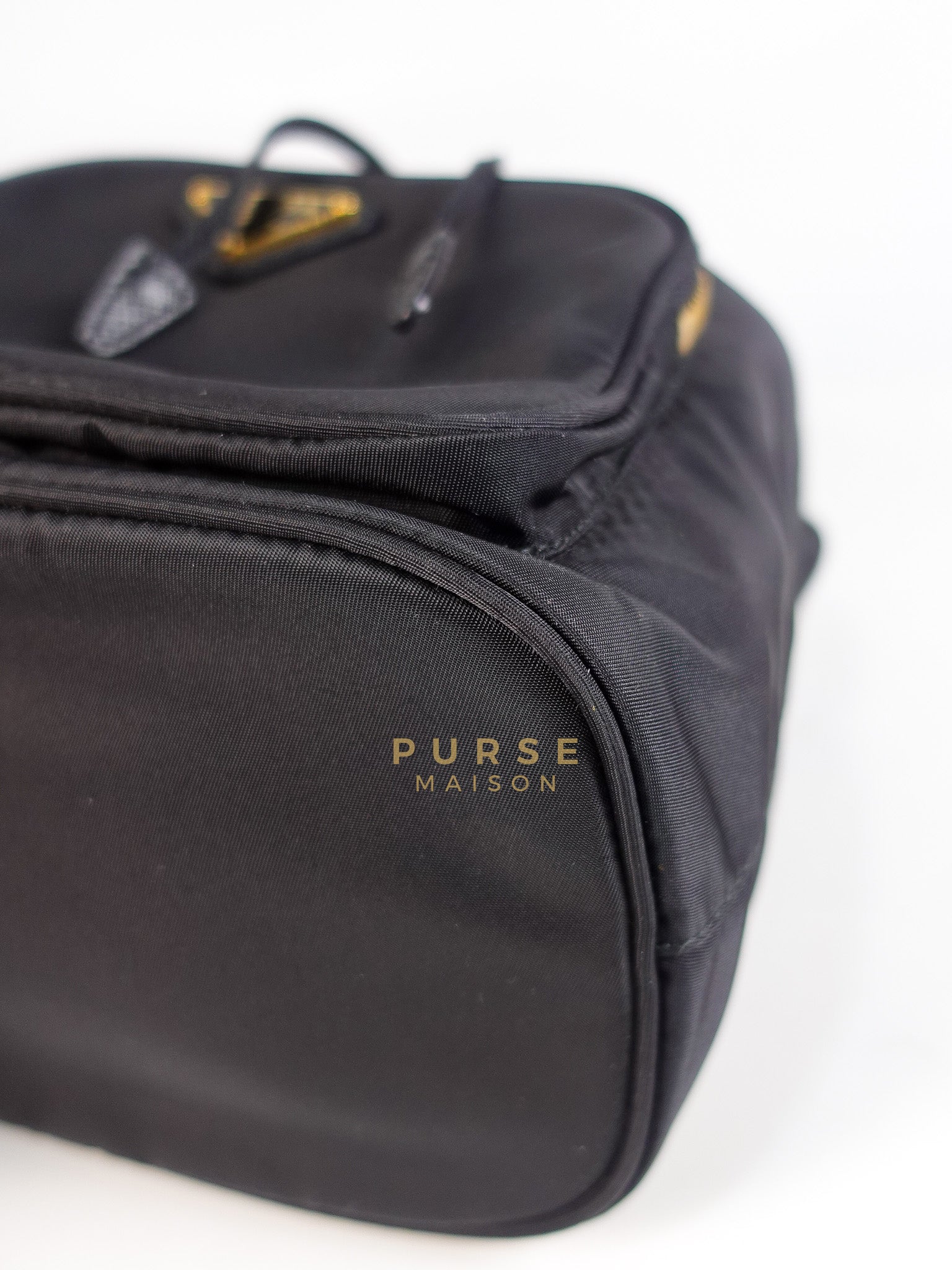 Mini Bucket Bag in Black Tessuto Nylon Leather & Gold Hardware | Purse Maison Luxury Bags Shop