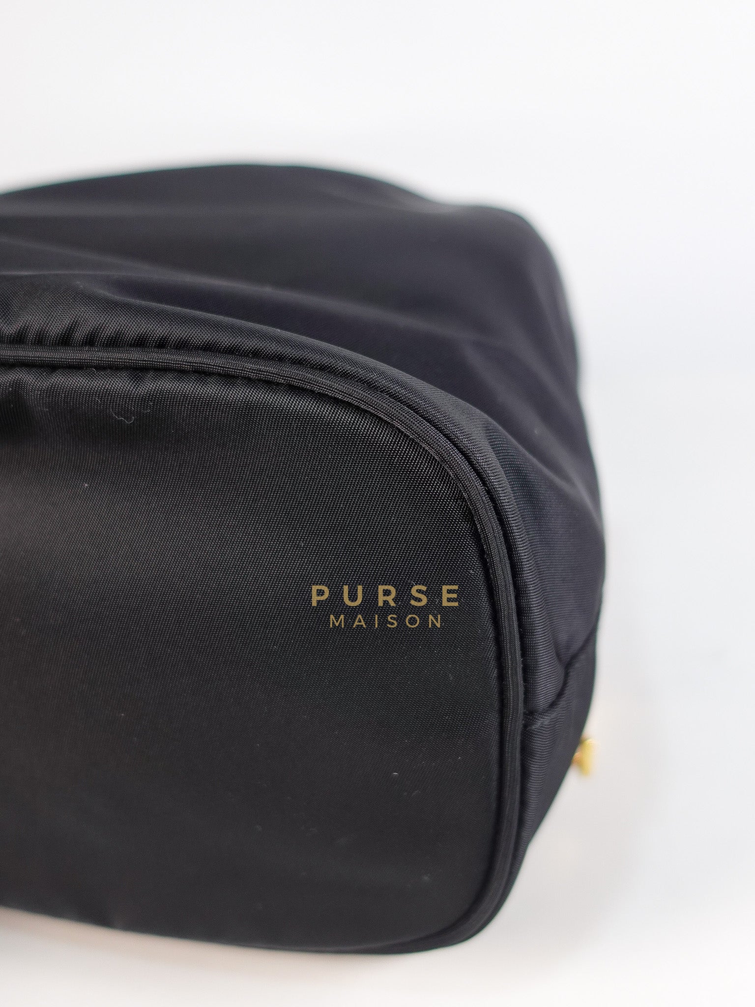 Mini Bucket Bag in Black Tessuto Nylon Leather & Gold Hardware | Purse Maison Luxury Bags Shop
