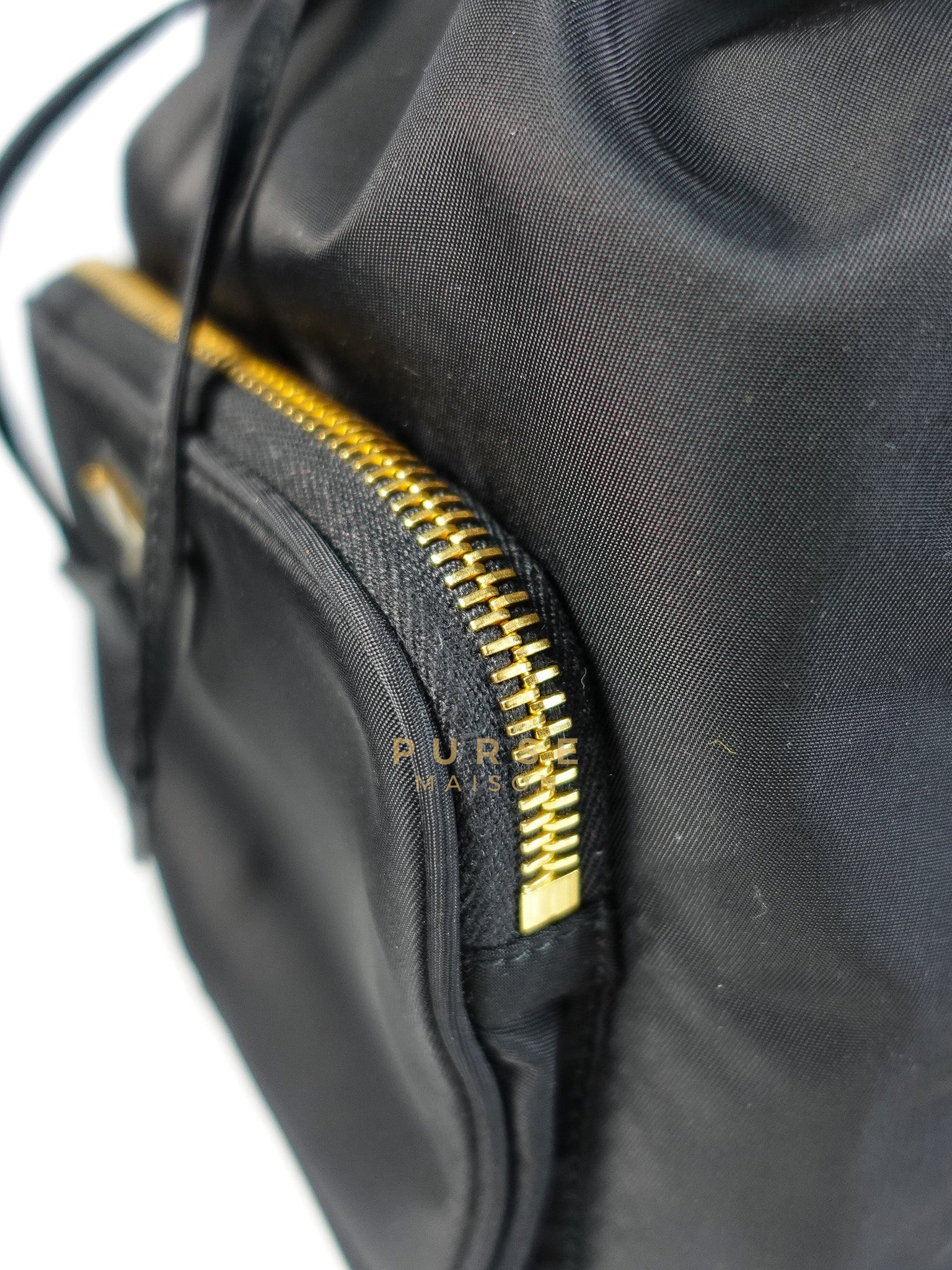 Mini Bucket Bag in Black Tessuto Nylon Leather & Gold Hardware | Purse Maison Luxury Bags Shop