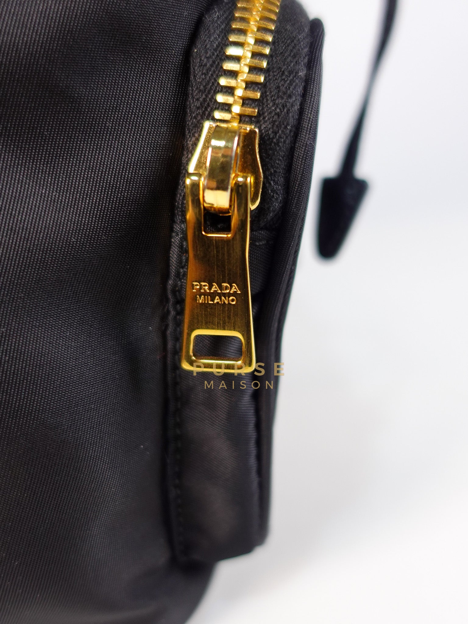 Mini Bucket Bag in Black Tessuto Nylon Leather & Gold Hardware | Purse Maison Luxury Bags Shop