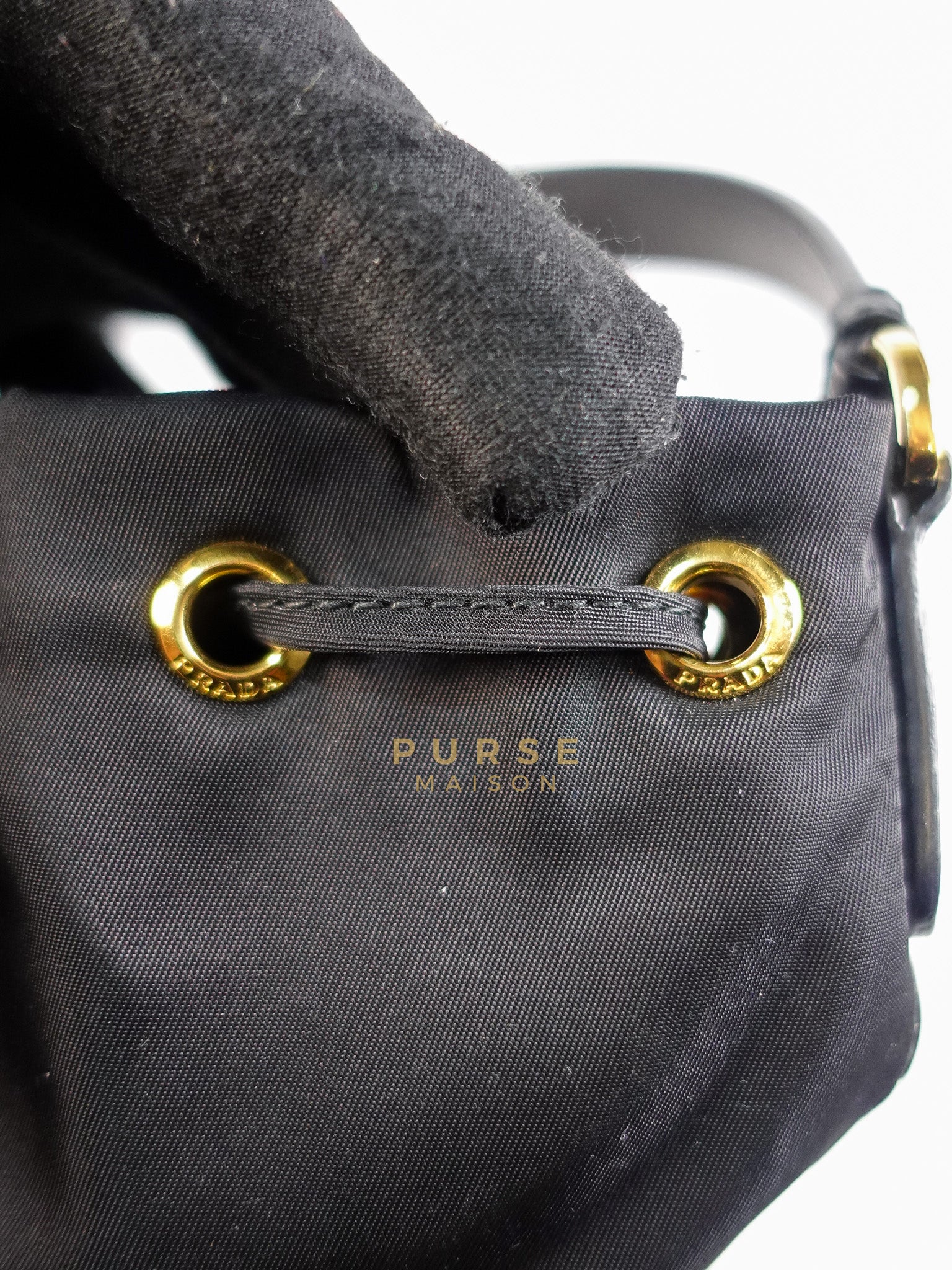 Mini Bucket Bag in Black Tessuto Nylon Leather & Gold Hardware | Purse Maison Luxury Bags Shop