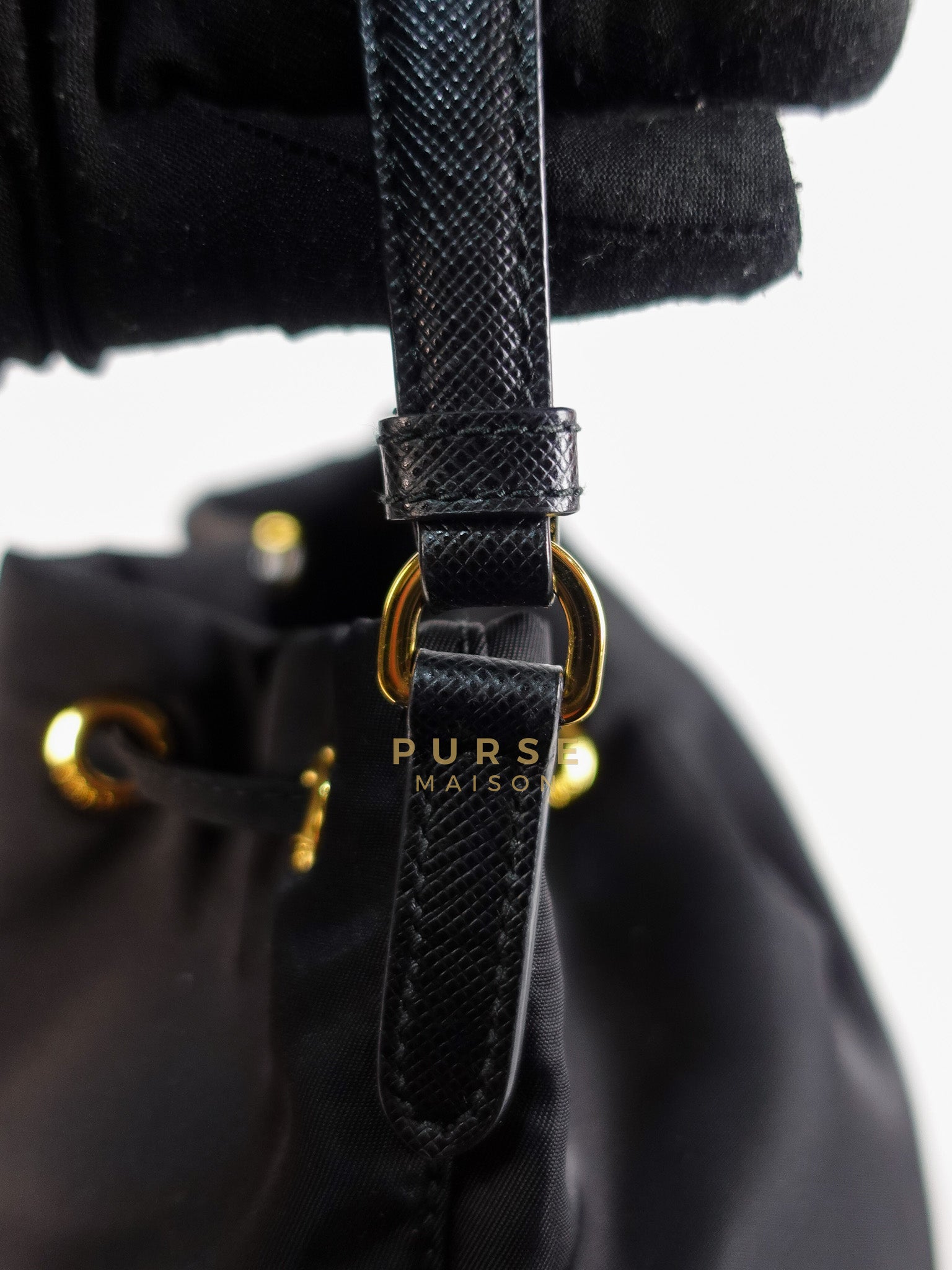 Mini Bucket Bag in Black Tessuto Nylon Leather & Gold Hardware | Purse Maison Luxury Bags Shop