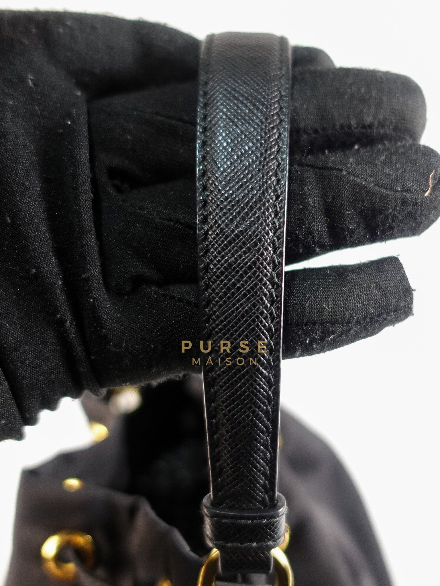 Mini Bucket Bag in Black Tessuto Nylon Leather & Gold Hardware | Purse Maison Luxury Bags Shop