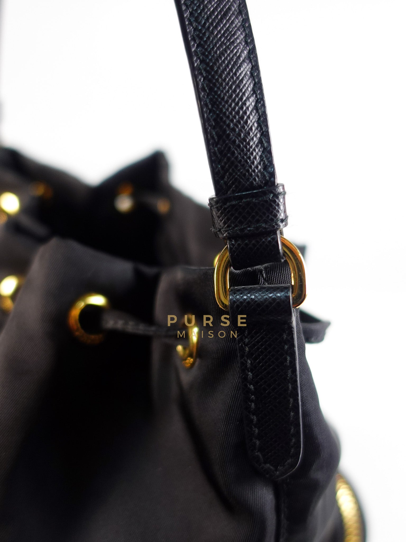 Mini Bucket Bag in Black Tessuto Nylon Leather & Gold Hardware | Purse Maison Luxury Bags Shop