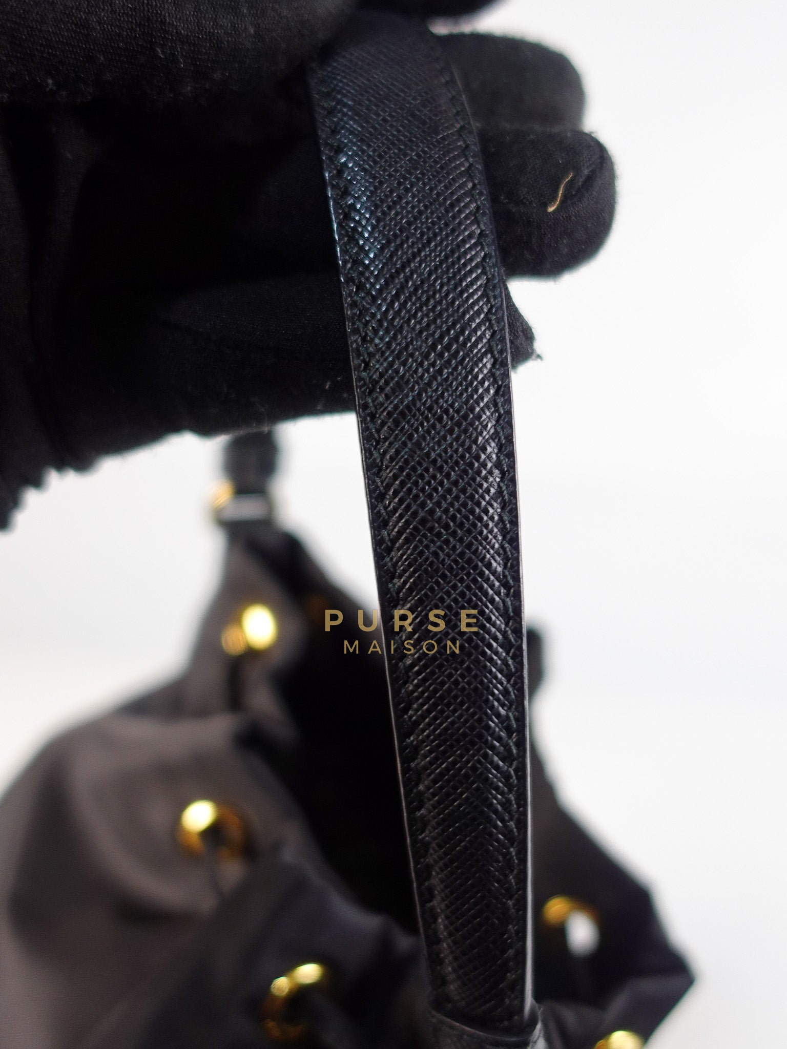 Mini Bucket Bag in Black Tessuto Nylon Leather & Gold Hardware | Purse Maison Luxury Bags Shop
