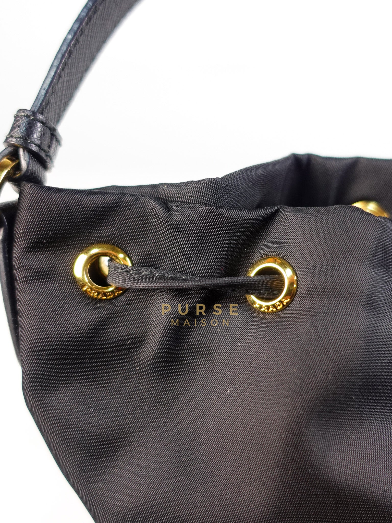 Mini Bucket Bag in Black Tessuto Nylon Leather & Gold Hardware | Purse Maison Luxury Bags Shop