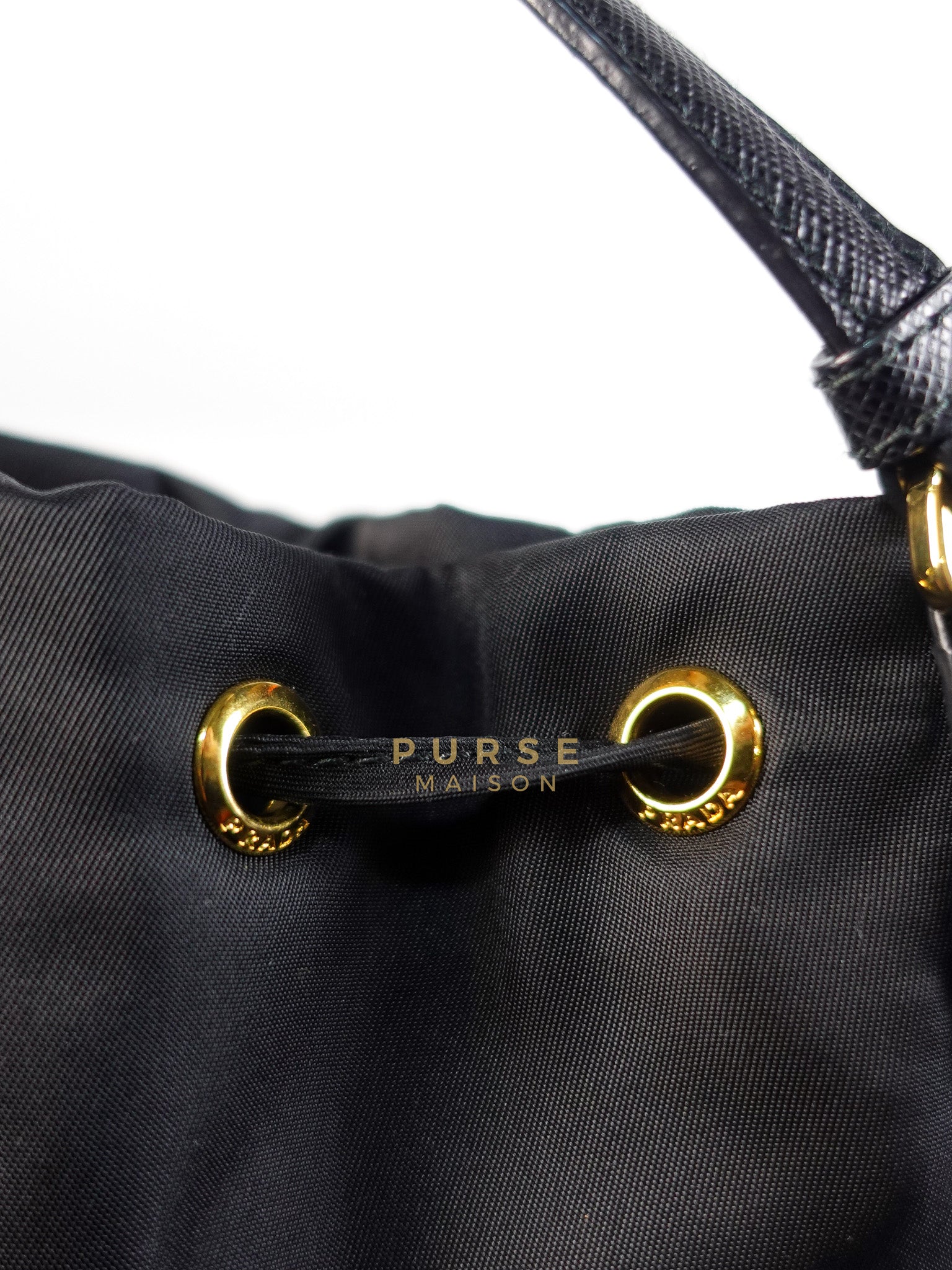 Mini Bucket Bag in Black Tessuto Nylon Leather & Gold Hardware | Purse Maison Luxury Bags Shop