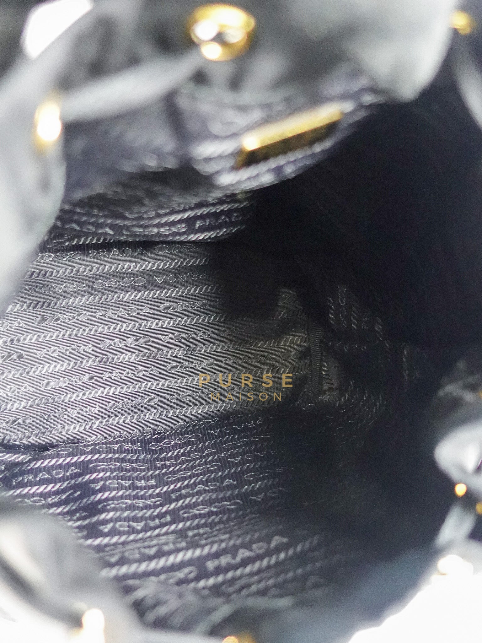 Mini Bucket Bag in Black Tessuto Nylon Leather & Gold Hardware | Purse Maison Luxury Bags Shop