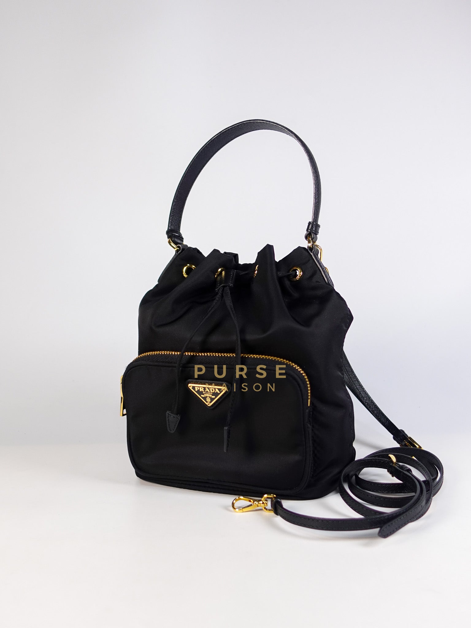 Mini Bucket Bag in Black Tessuto Nylon Leather & Gold Hardware | Purse Maison Luxury Bags Shop